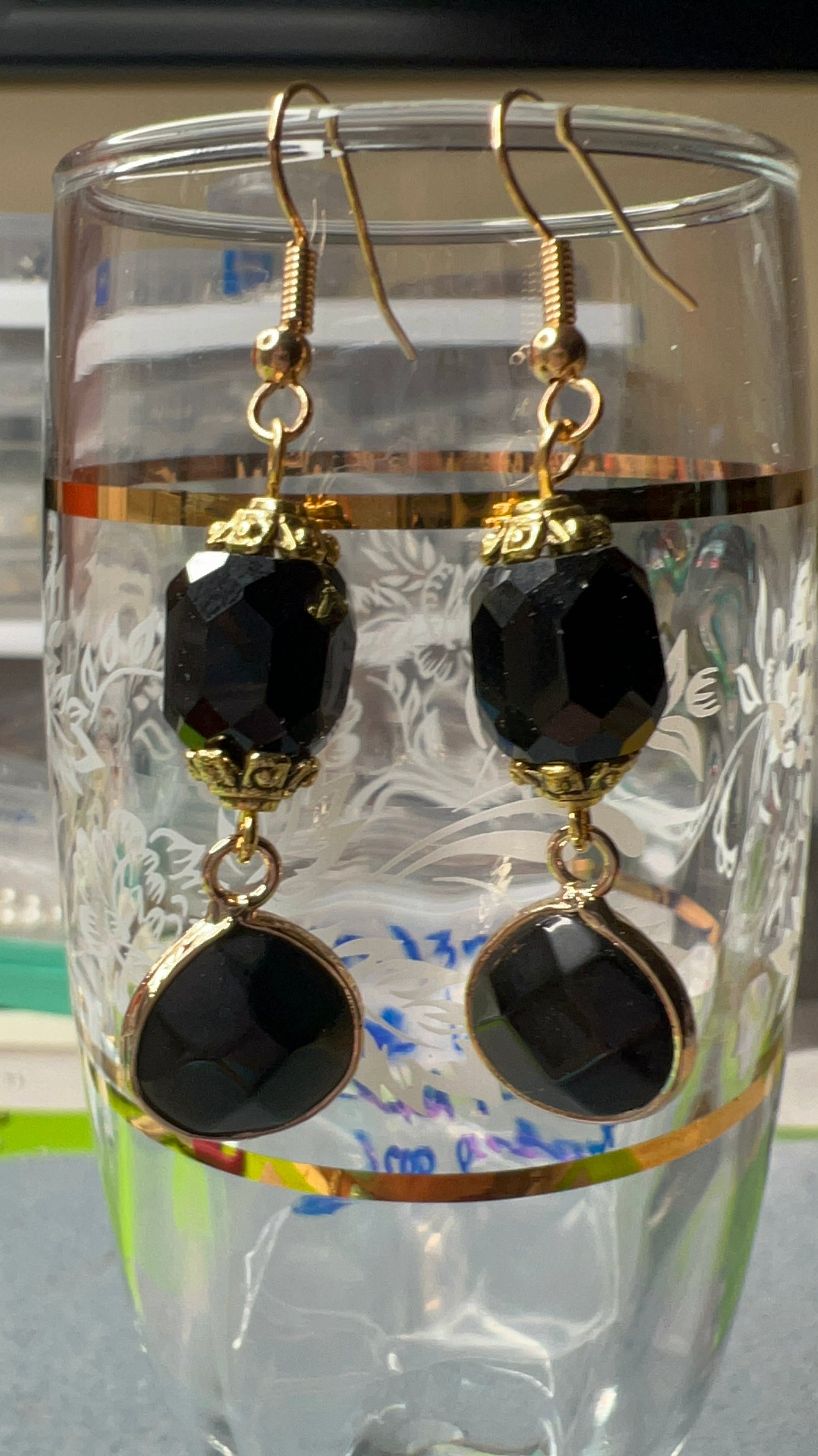 Black and Onyx Teardrop with Gold Earrings