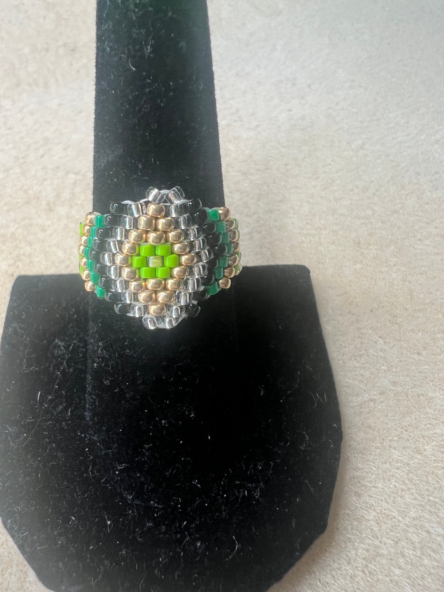 Green, Gold, Black & Diamond Shaped Silver Beaded Ring