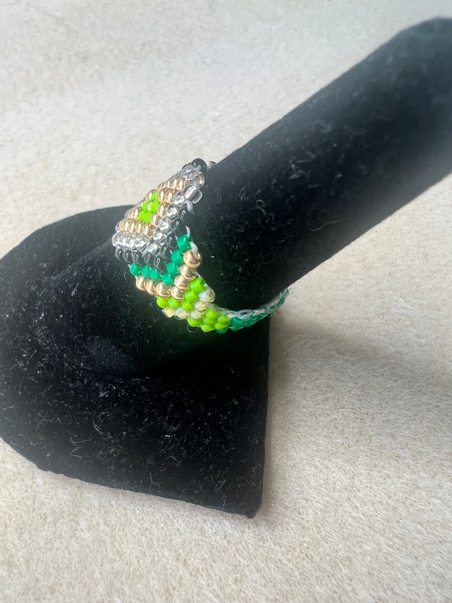 Green, Gold, Black & Diamond Shaped Silver Beaded Ring