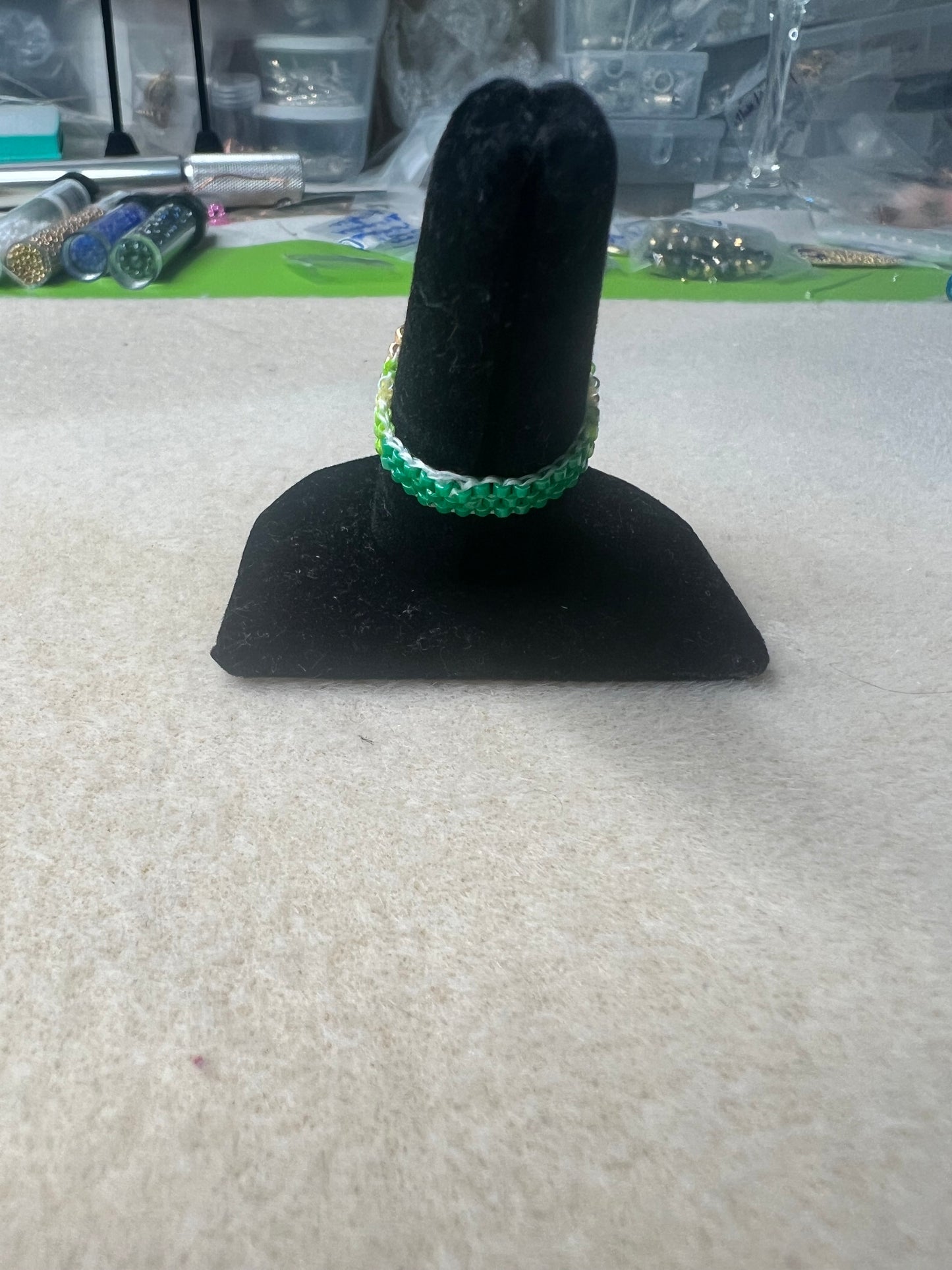 Green, Gold, Black & Diamond Shaped Silver Beaded Ring