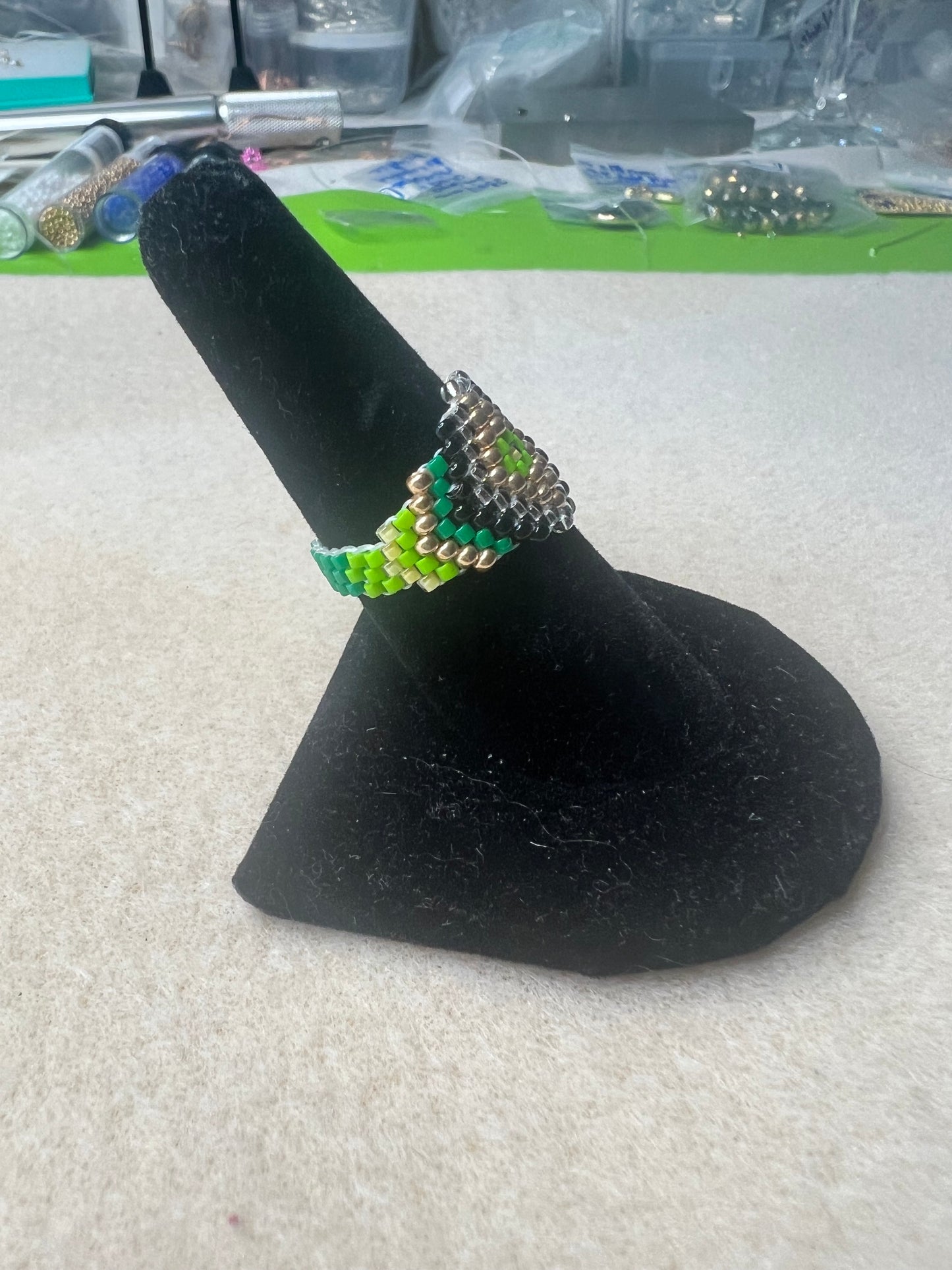 Green, Gold, Black & Diamond Shaped Silver Beaded Ring