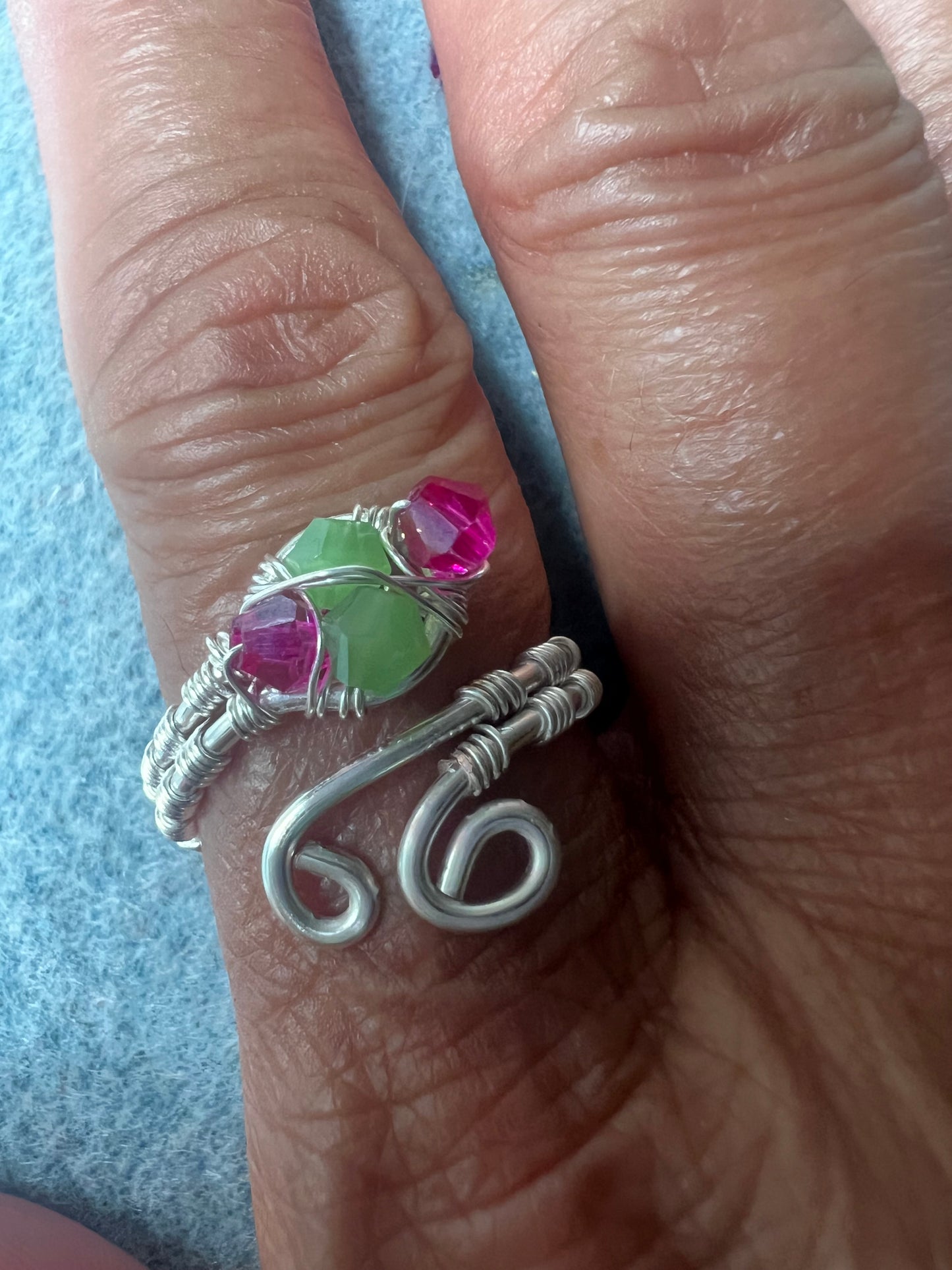 Silver Woven Wrap Ring with Pink and Green Crystals and Small Swirls