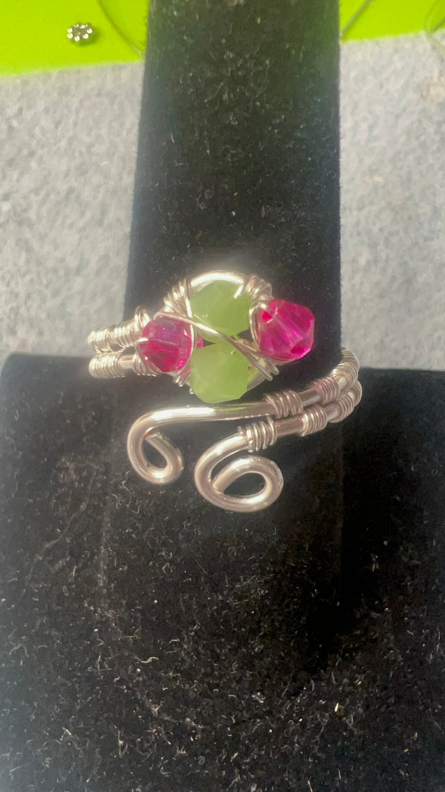 Silver Woven Wrap Ring with Pink and Green Crystals and Small Swirls