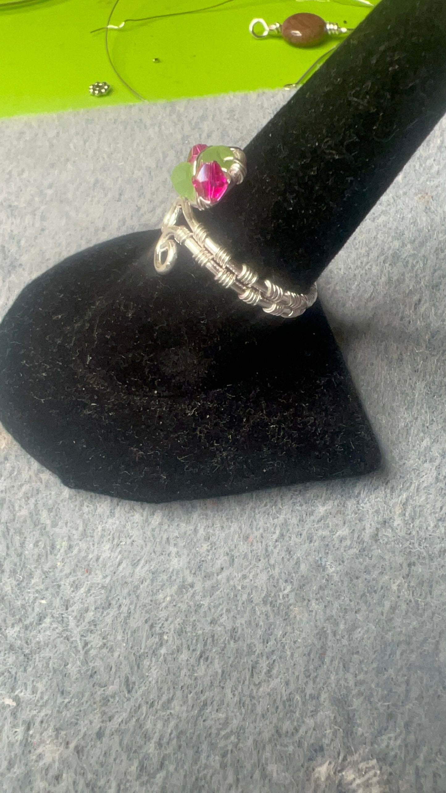 Silver Woven Wrap Ring with Pink and Green Crystals and Small Swirls