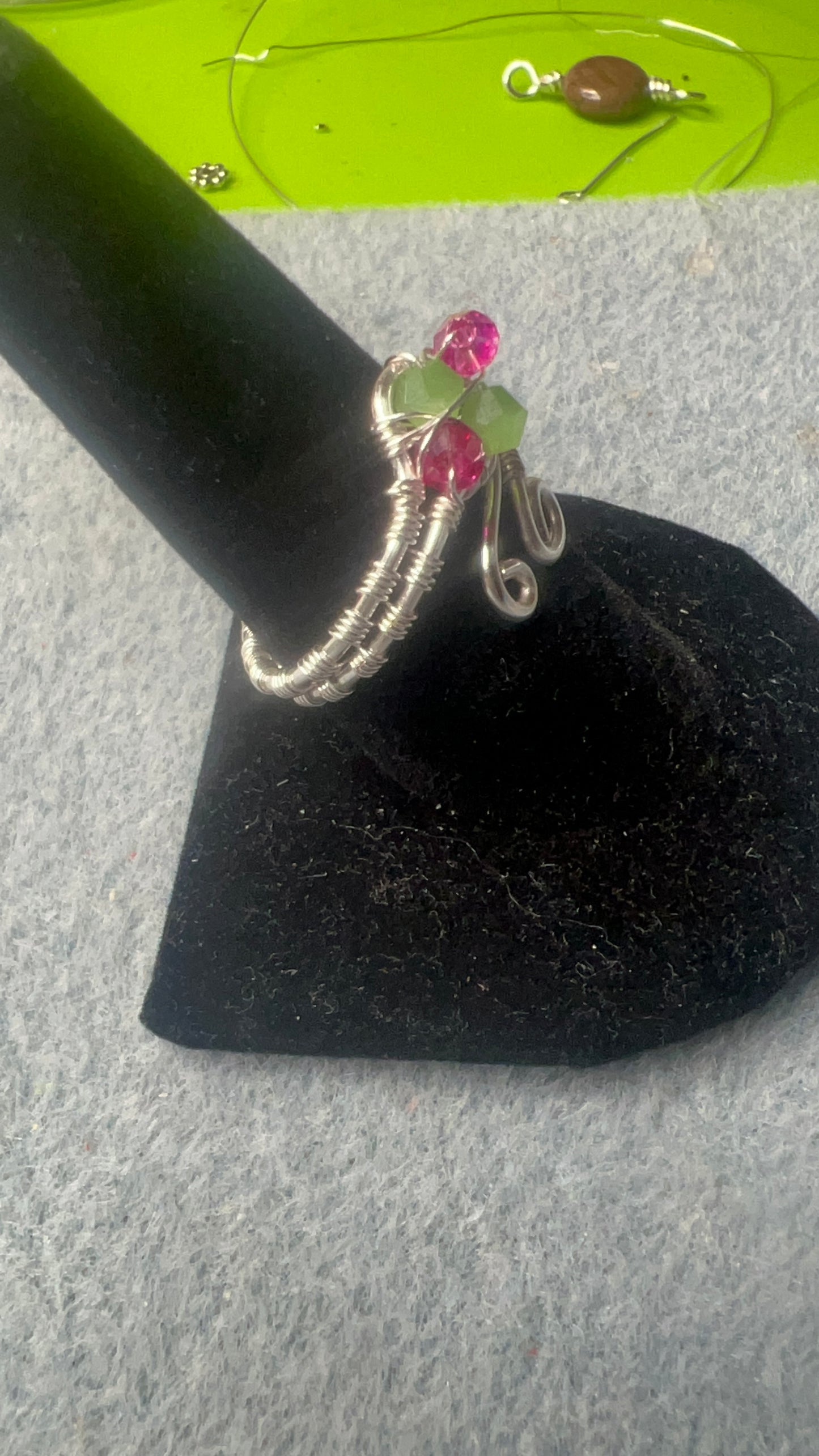 Silver Woven Wrap Ring with Pink and Green Crystals and Small Swirls