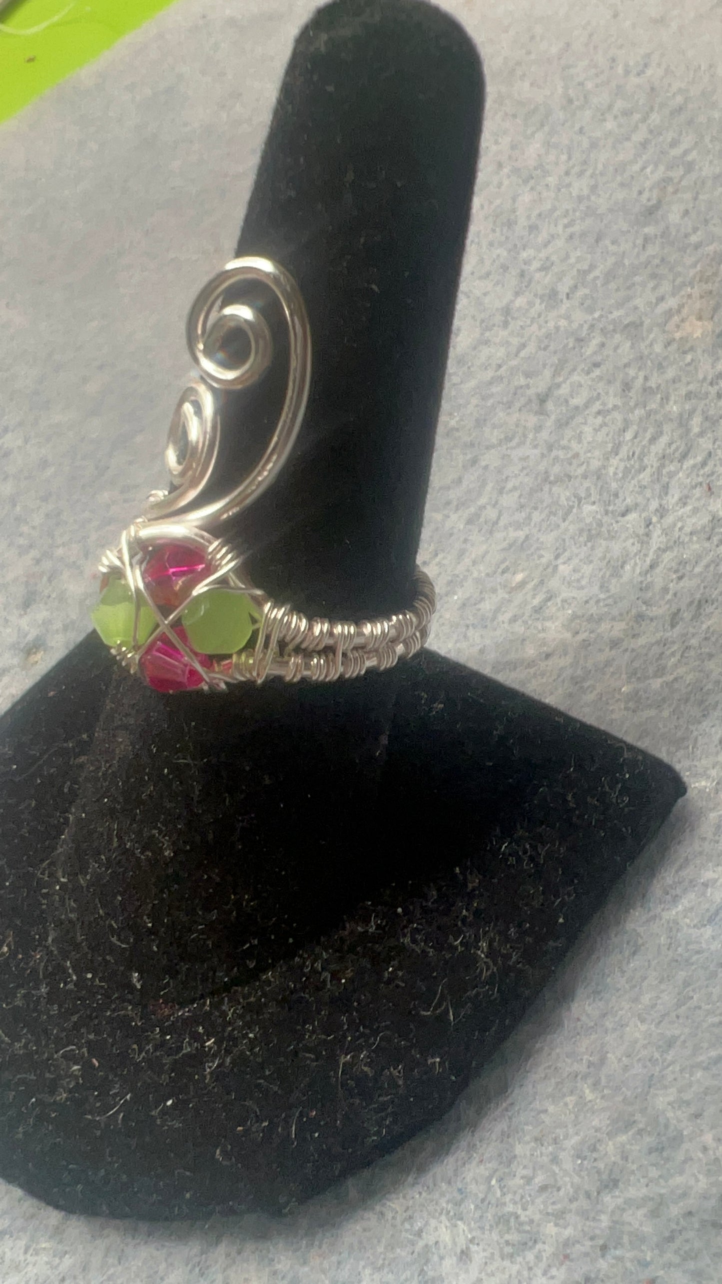 Silver Woven Wrap Ring with Pink and Green Crystals and Large Swirls