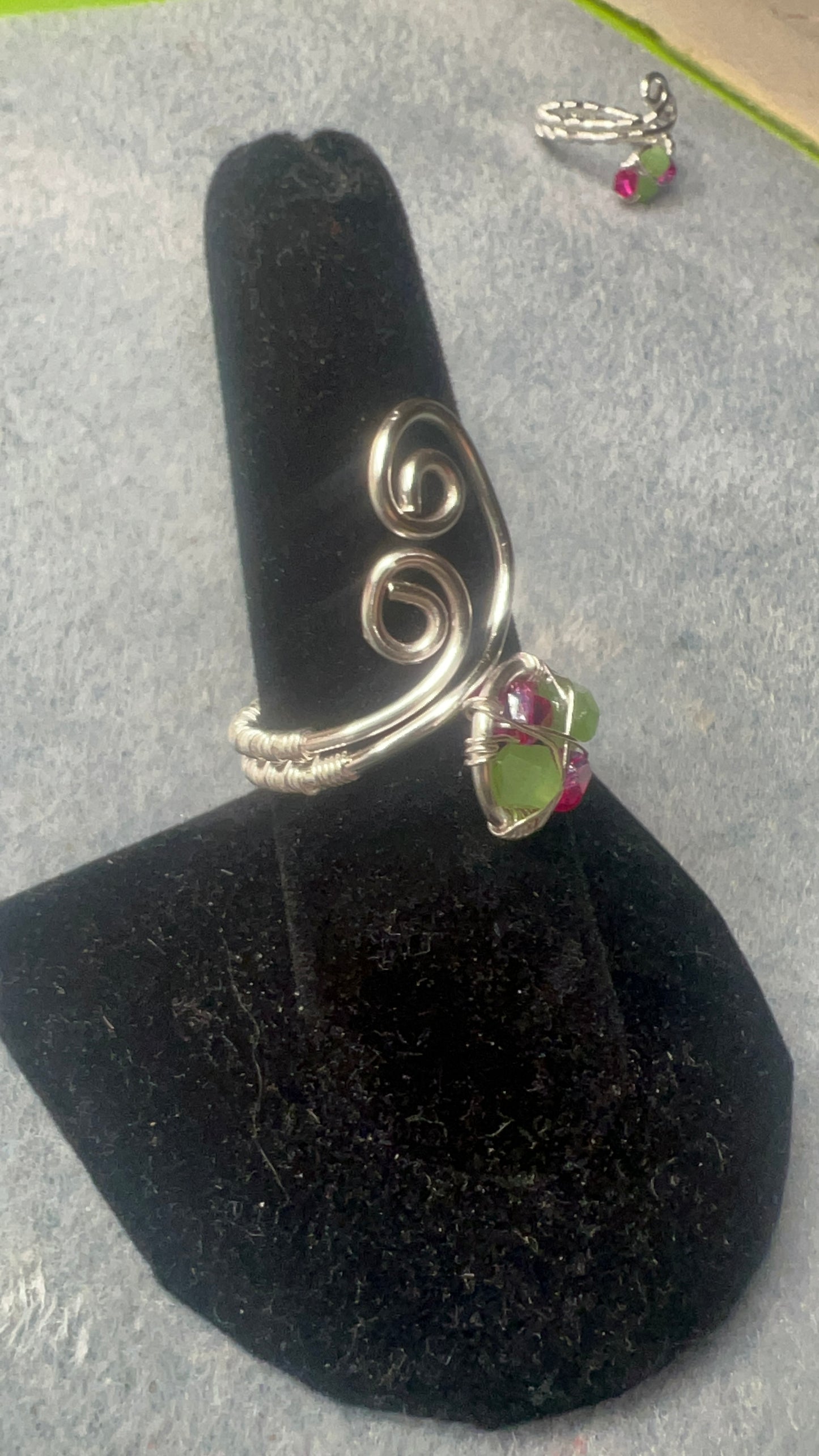 Silver Woven Wrap Ring with Pink and Green Crystals and Large Swirls