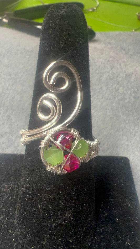 Silver Woven Wrap Ring with Pink and Green Crystals and Large Swirls