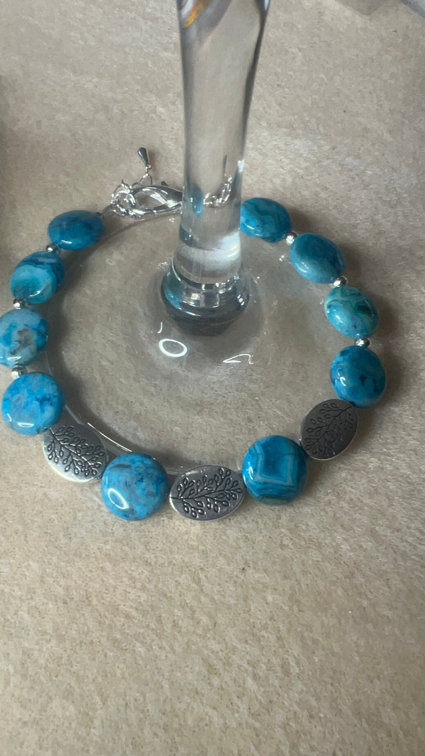 Larimar Blue Crazy Lace Puff Coin Bracelet with silver Tree of Life Beads