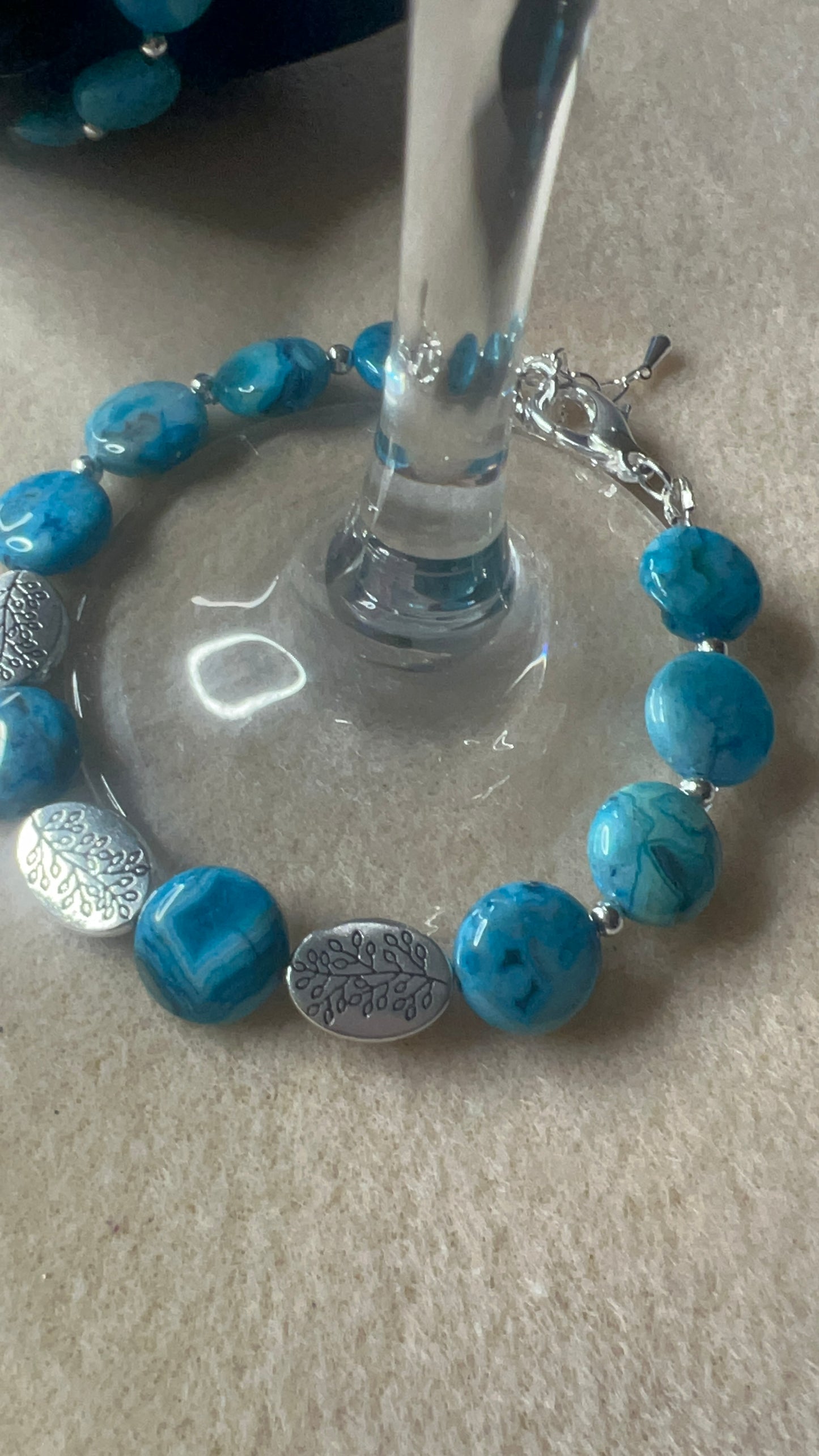 Larimar Blue Crazy Lace Puff Coin Bracelet with silver Tree of Life Beads