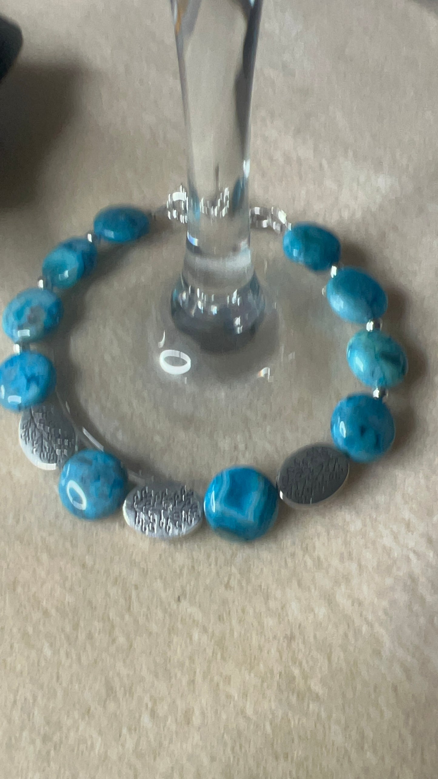 Larimar Blue Crazy Lace Puff Coin Bracelet with silver Tree of Life Beads