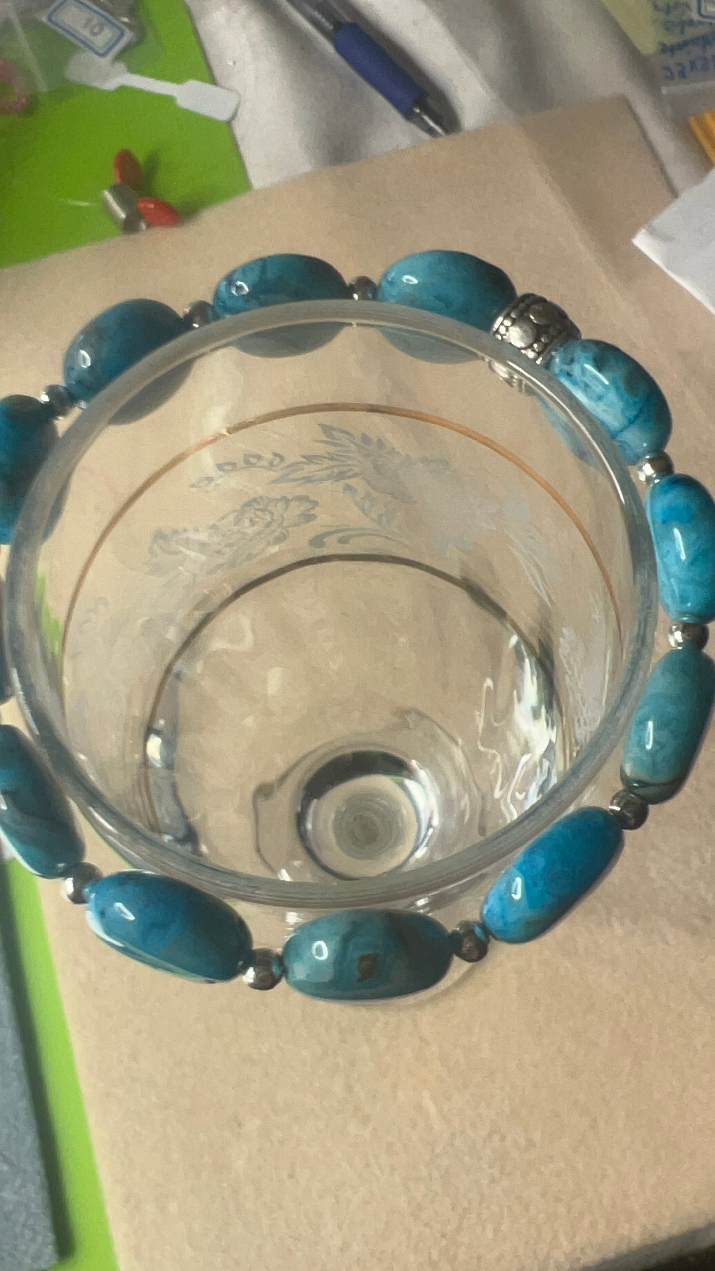 Larimar Blue Crazy Lace Puff Coin Bracelet with silver tiny beads Stretch Bracelet