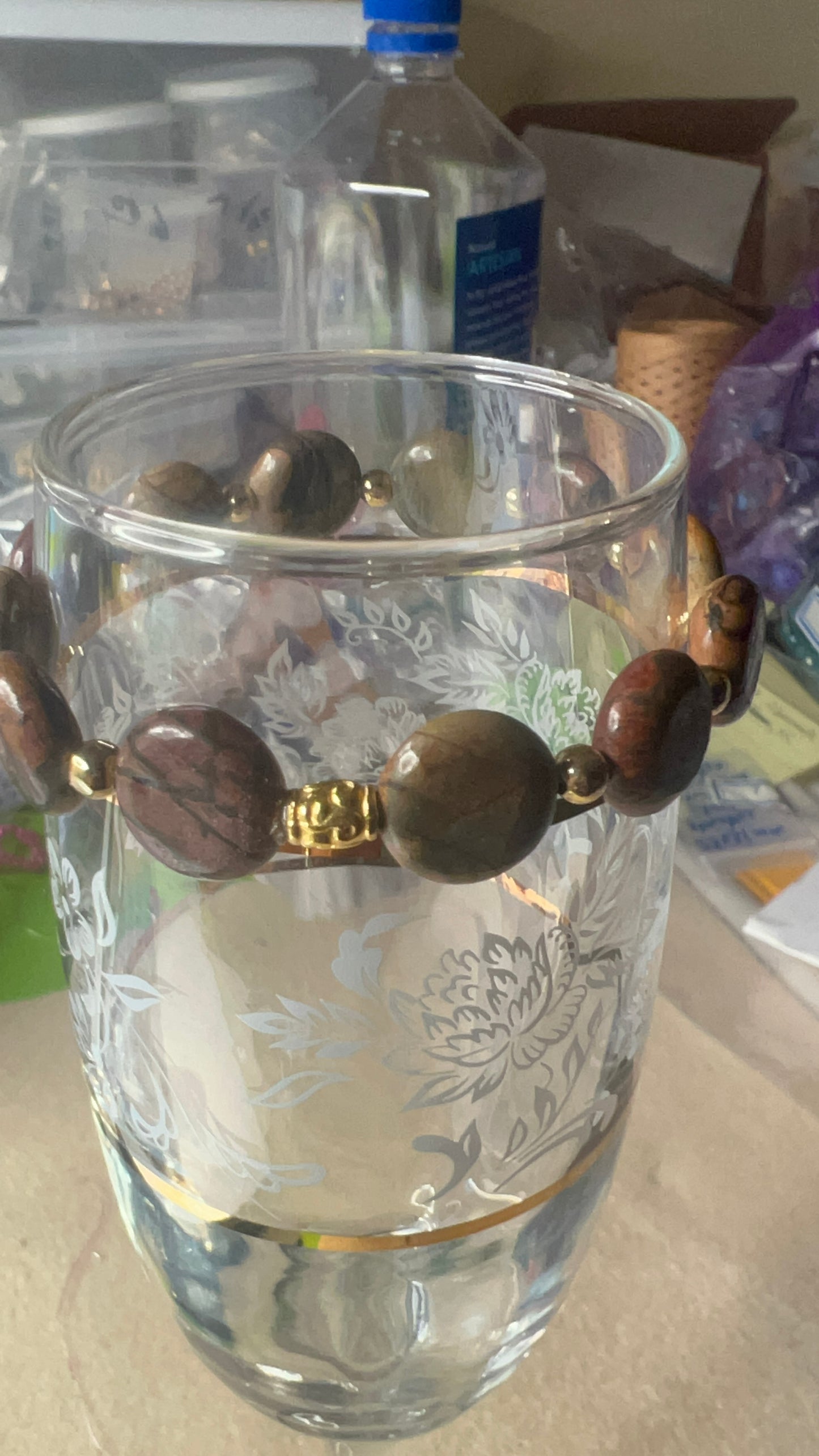 Red Creek Jasper Puff Coin Stretch Bracelet with gold small beads