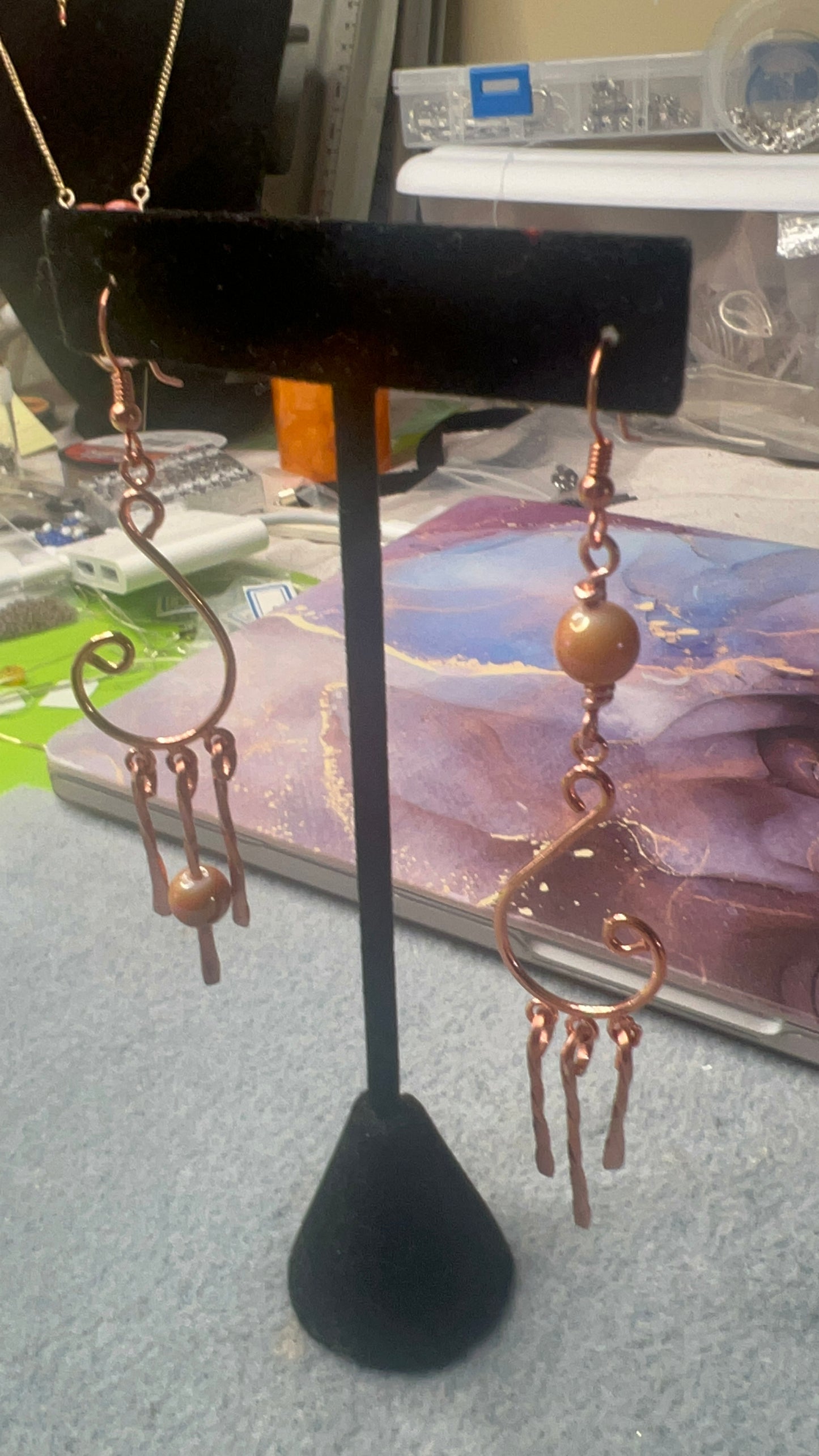 Twisted Copper with champaign colored bead and flattened end dangles Mismatched Chandelier Earrings