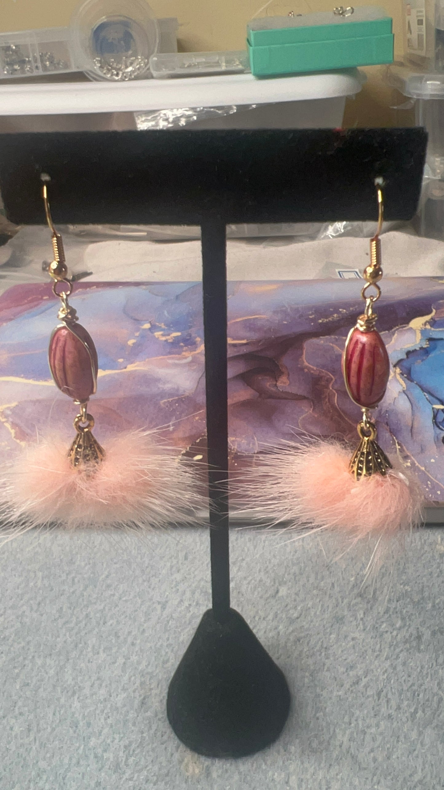 Czech Glass Melon Pink Stone Picasso and light pink feather tassel earrings with antique gold