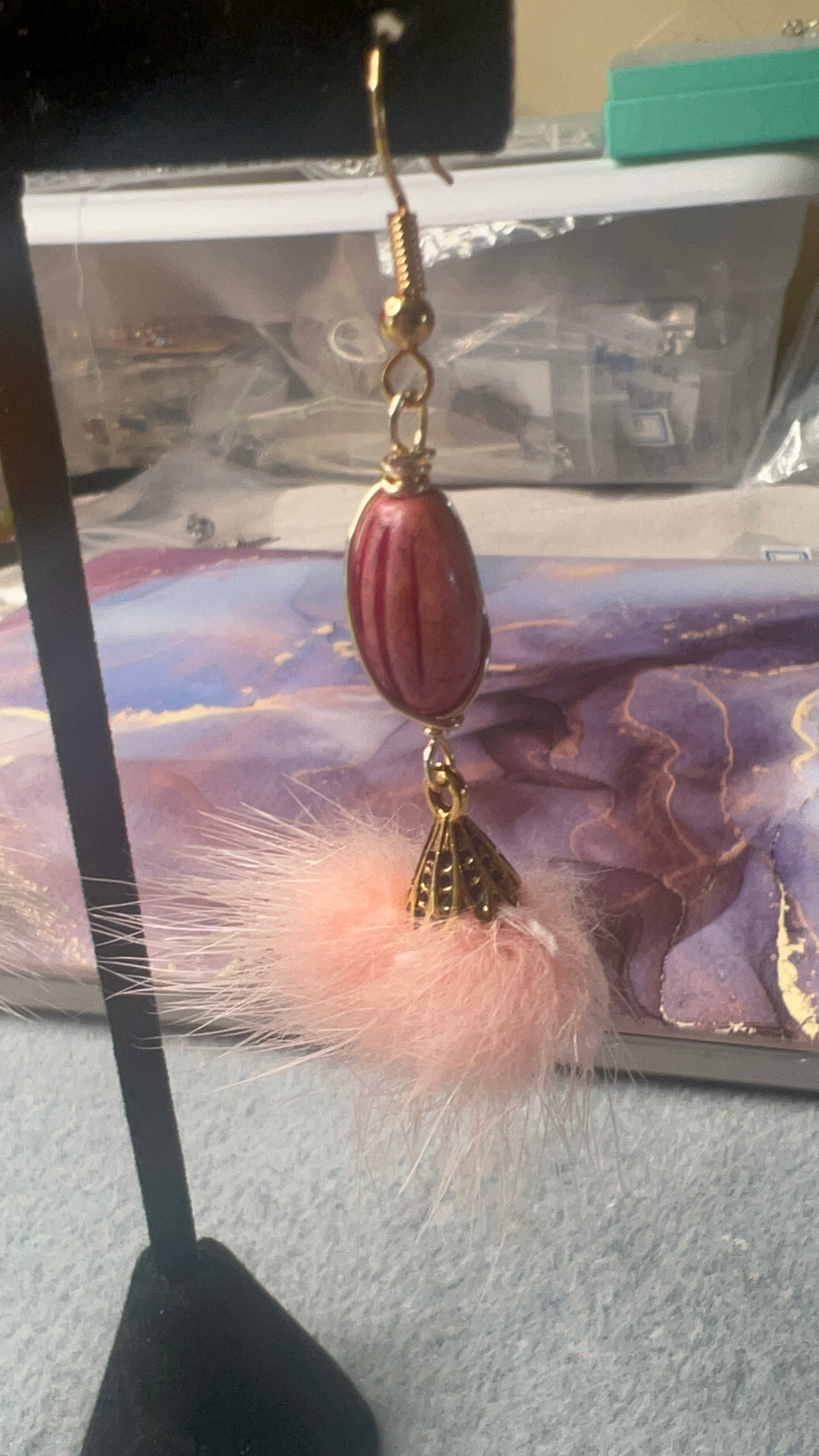 Czech Glass Melon Pink Stone Picasso and light pink feather tassel earrings with antique gold