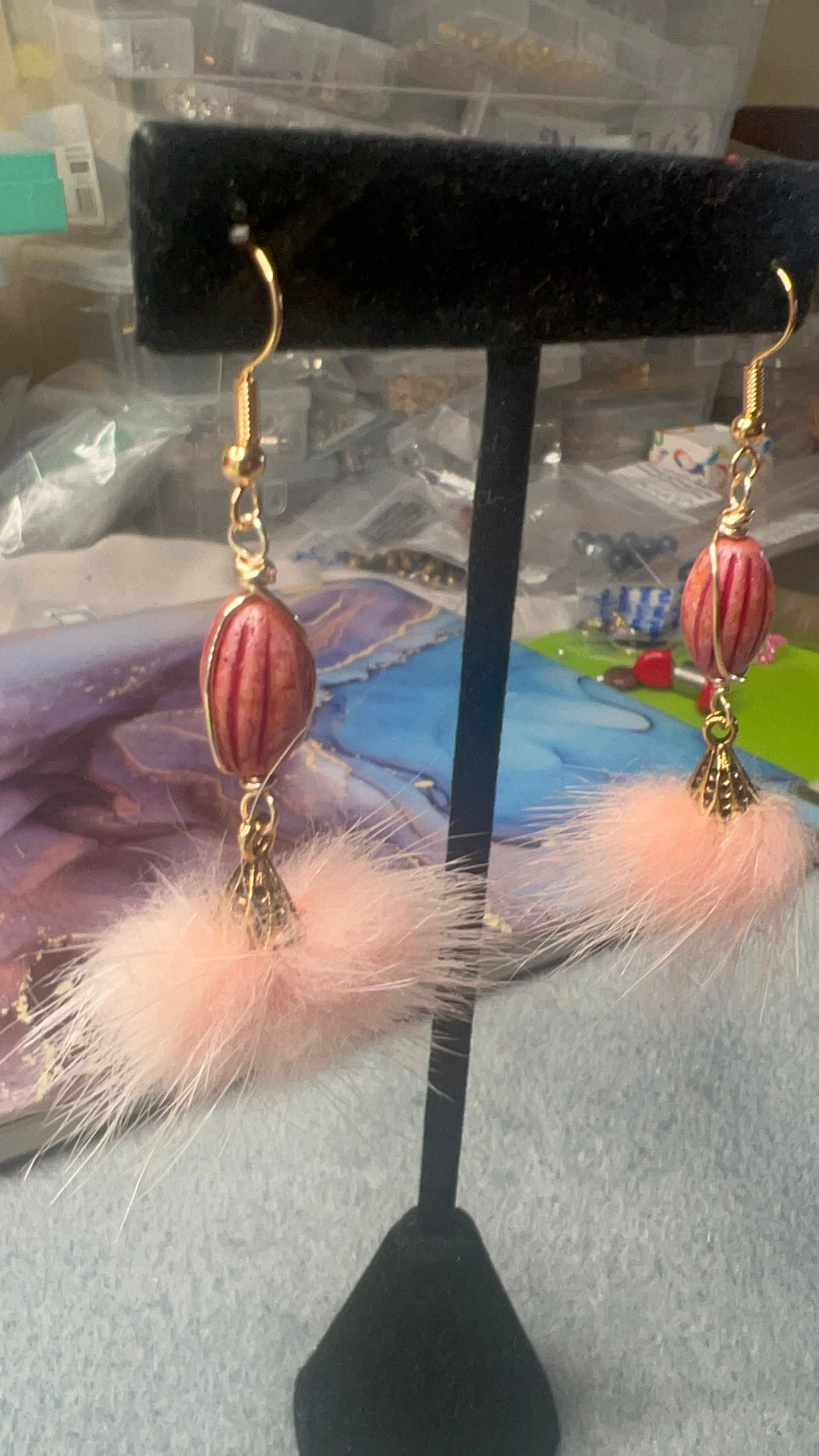 Czech Glass Melon Pink Stone Picasso and light pink feather tassel earrings with antique gold