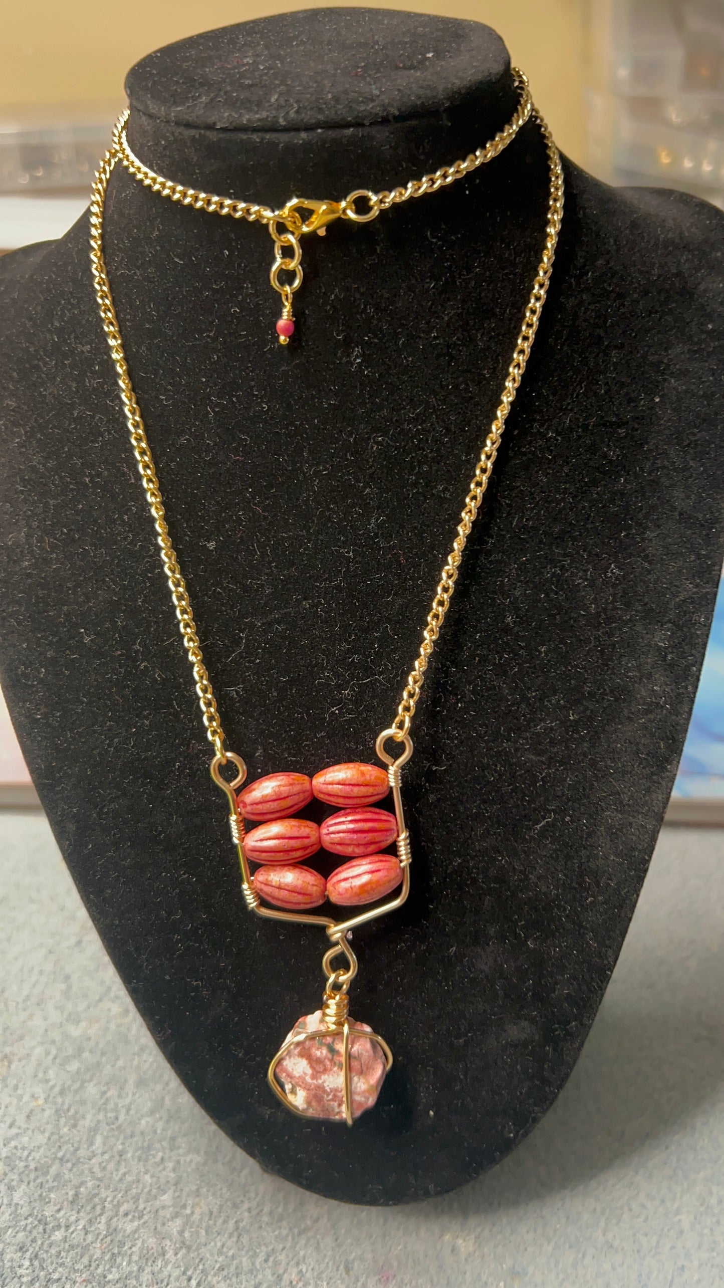 Czech Glass Melon Pink Stone Picasso Barrel Beads with Hand-Cut Pink Jasper Coin 24 inch Necklace with gold chain