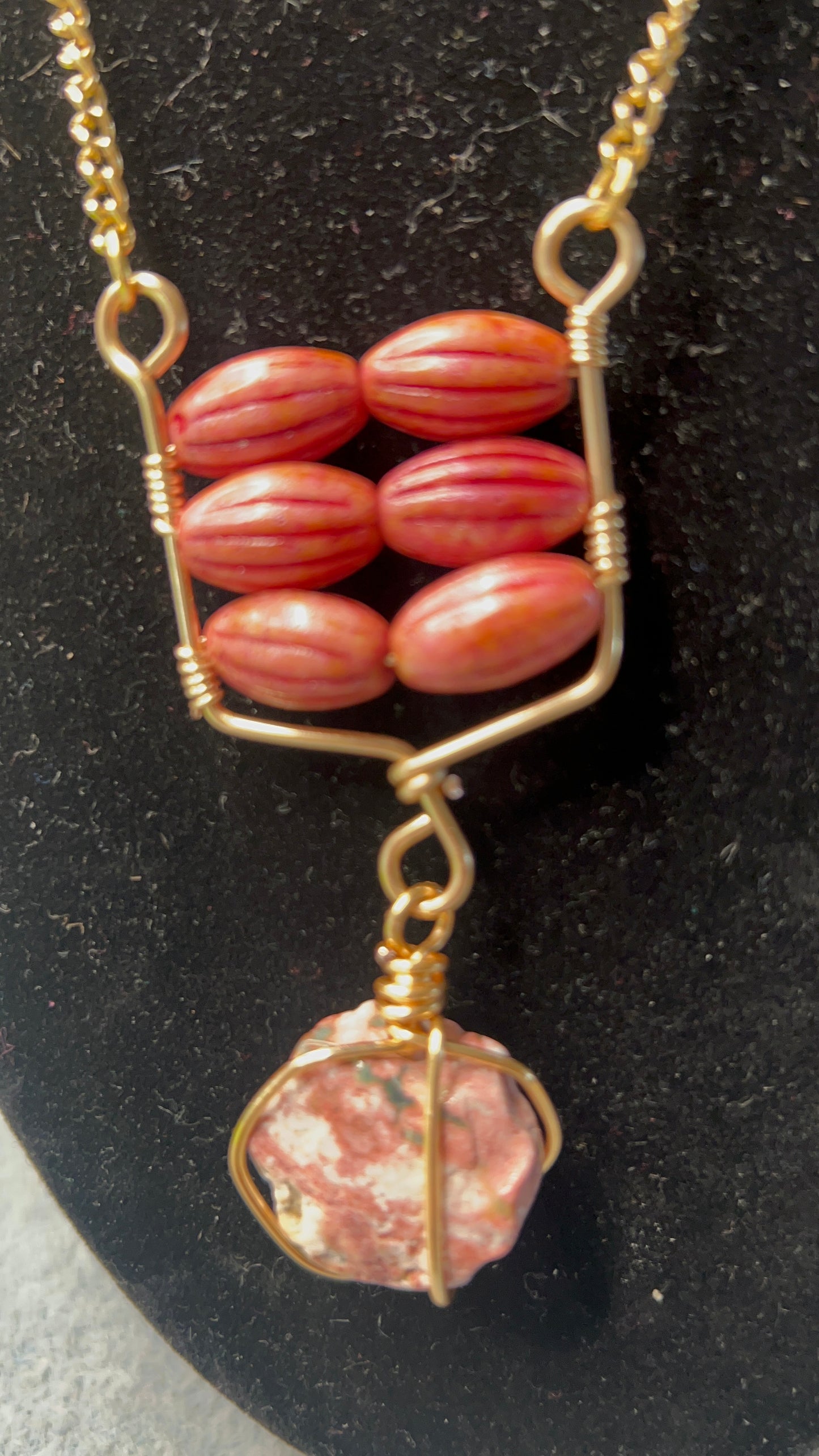 Czech Glass Melon Pink Stone Picasso Barrel Beads with Hand-Cut Pink Jasper Coin 24 inch Necklace with gold chain