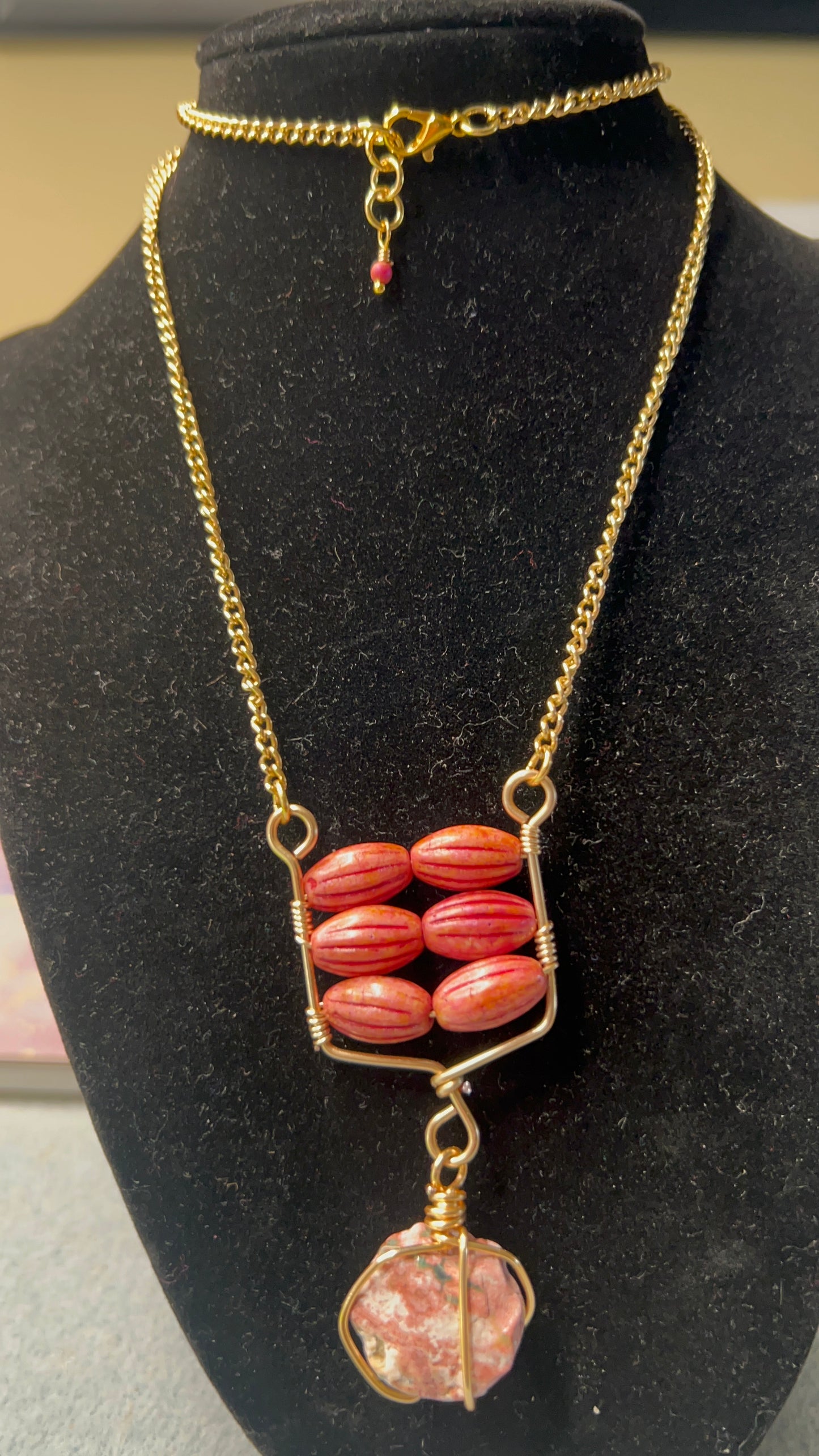 Czech Glass Melon Pink Stone Picasso Barrel Beads with Hand-Cut Pink Jasper Coin 24 inch Necklace with gold chain