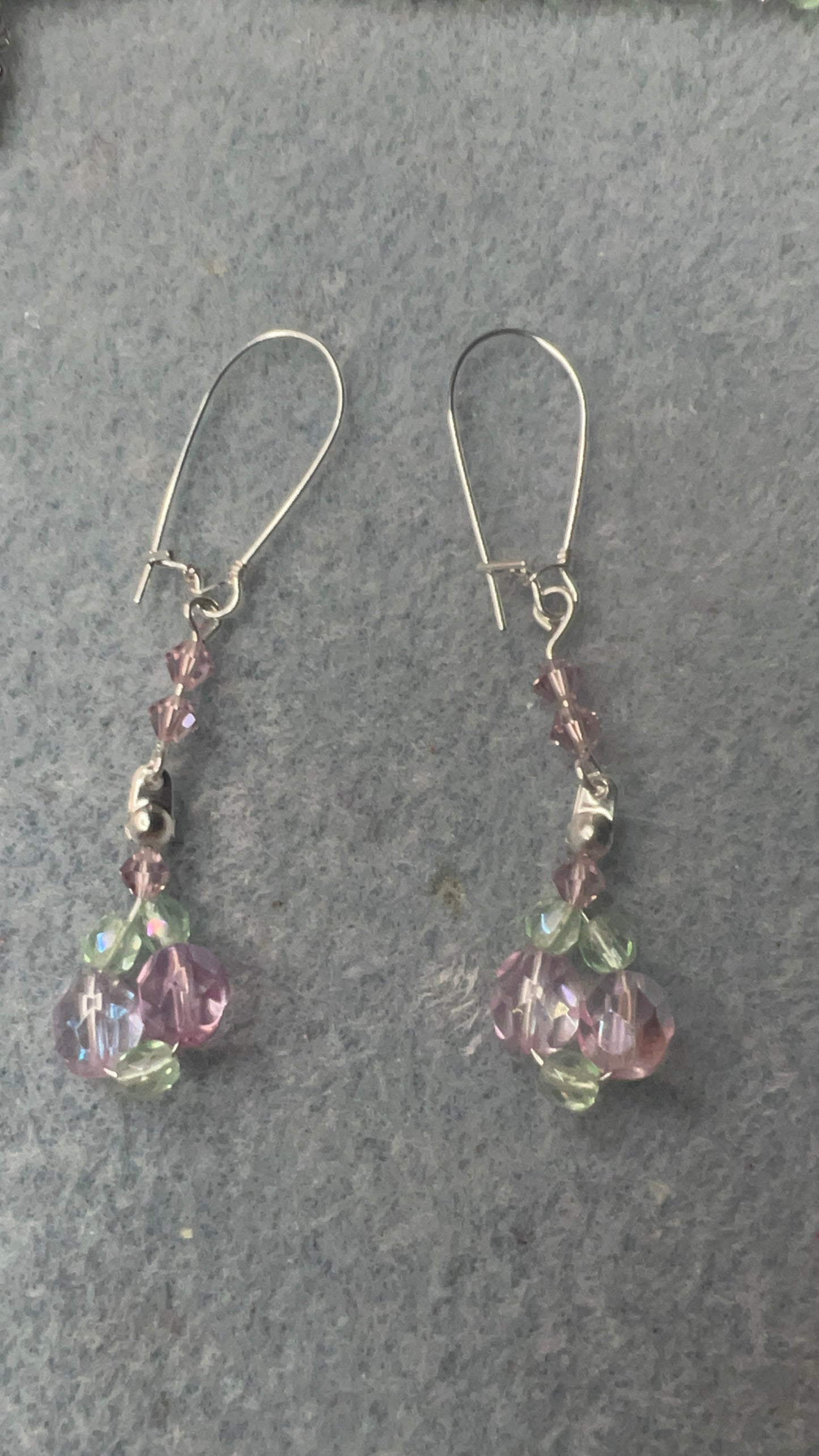 Czech Glass Firepolish Pink and Peridot Crystal Necklace and matching earrings with silver