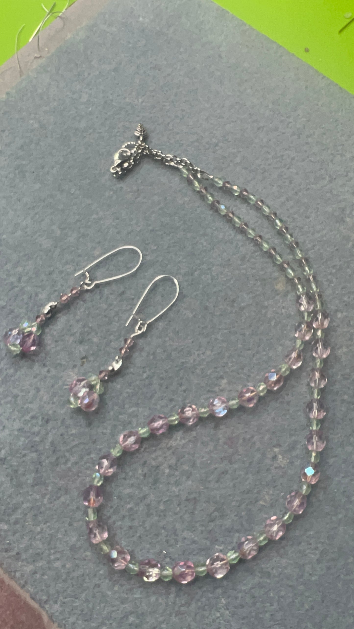 Czech Glass Firepolish Pink and Peridot Crystal Necklace and matching earrings with silver