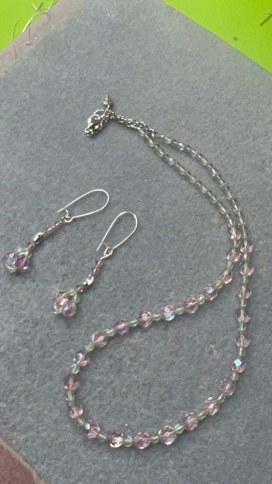 Czech Glass Firepolish Pink and Peridot Crystal Necklace and matching earrings with silver