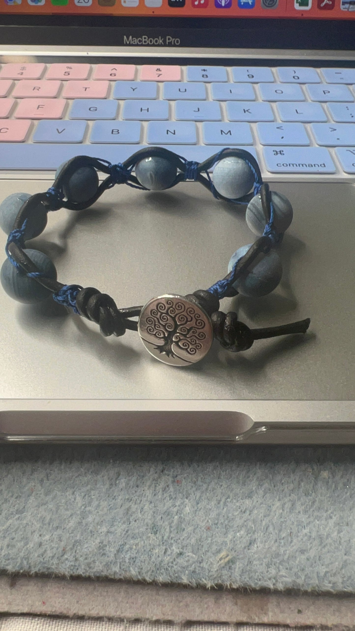 Storm Line Blue Agate Matte Frosted Beads with black leather Tree of Life Button closure Bracelet (12 mm)