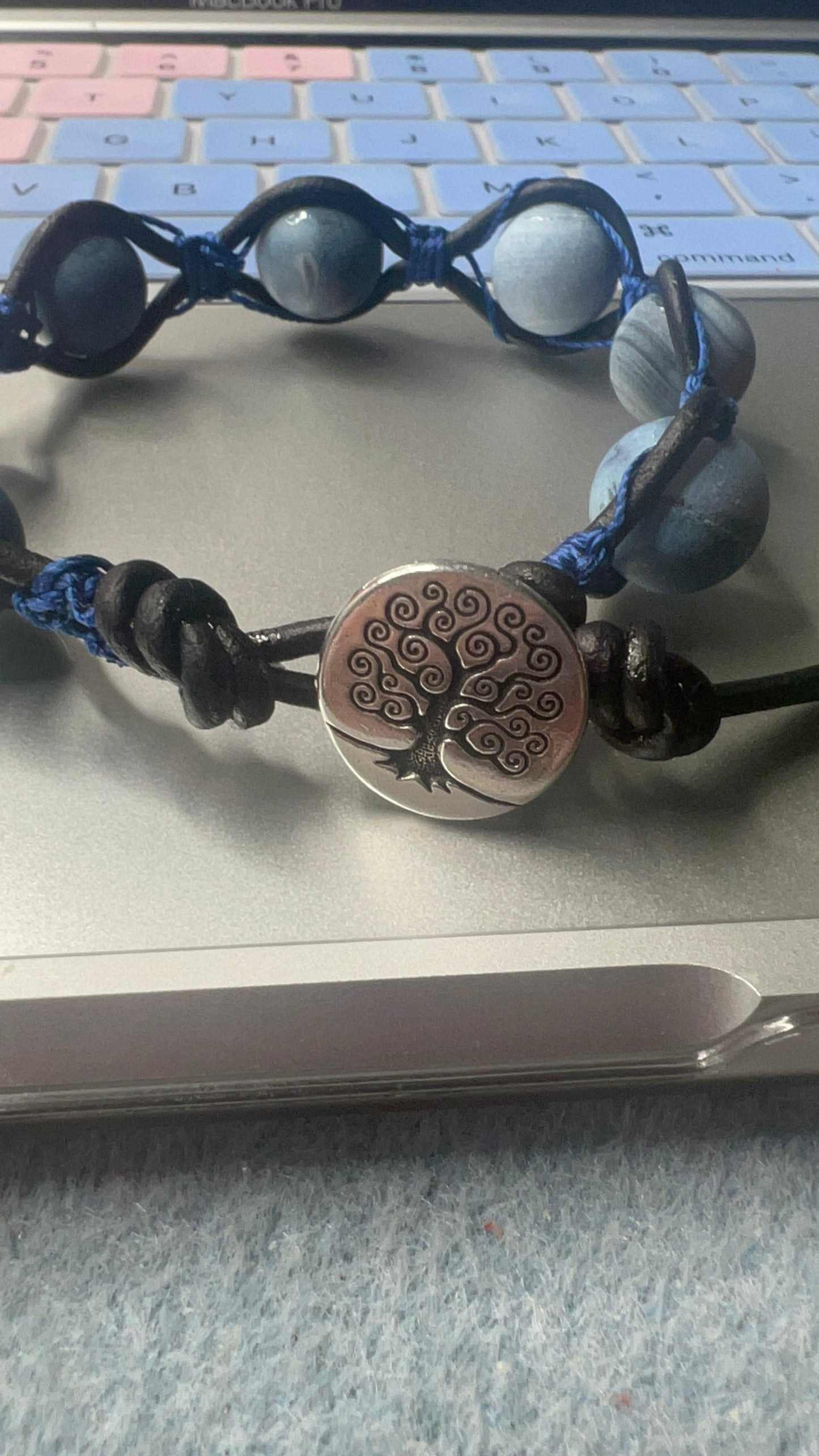 Storm Line Blue Agate Matte Frosted Beads with black leather Tree of Life Button closure Bracelet (12 mm)