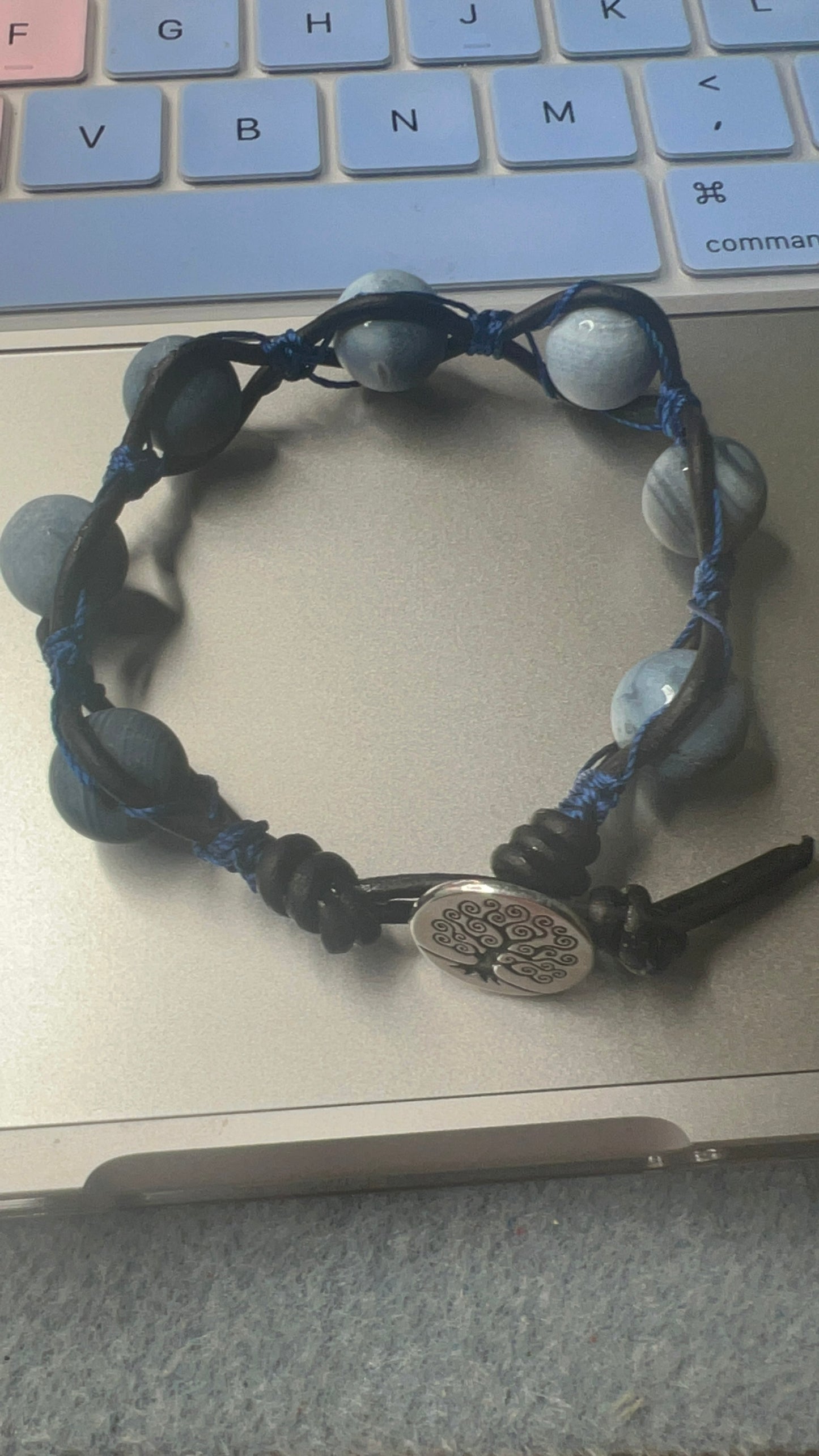 Storm Line Blue Agate Matte Frosted Beads with black leather Tree of Life Button closure Bracelet (12 mm)