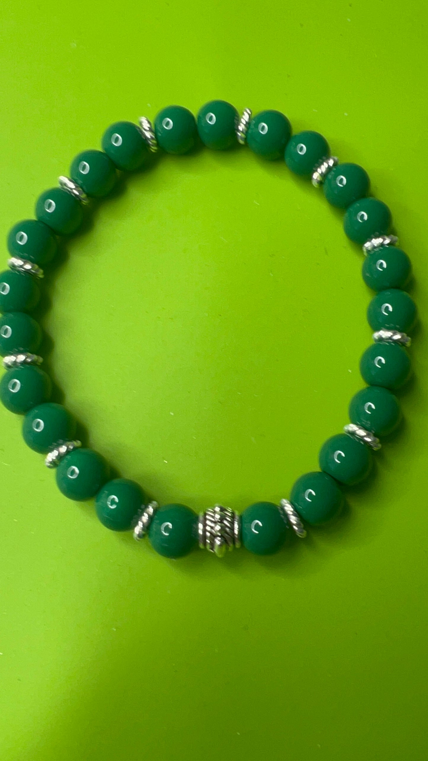 Green Glass Pearl Stretch Bracelet with  silver spacers