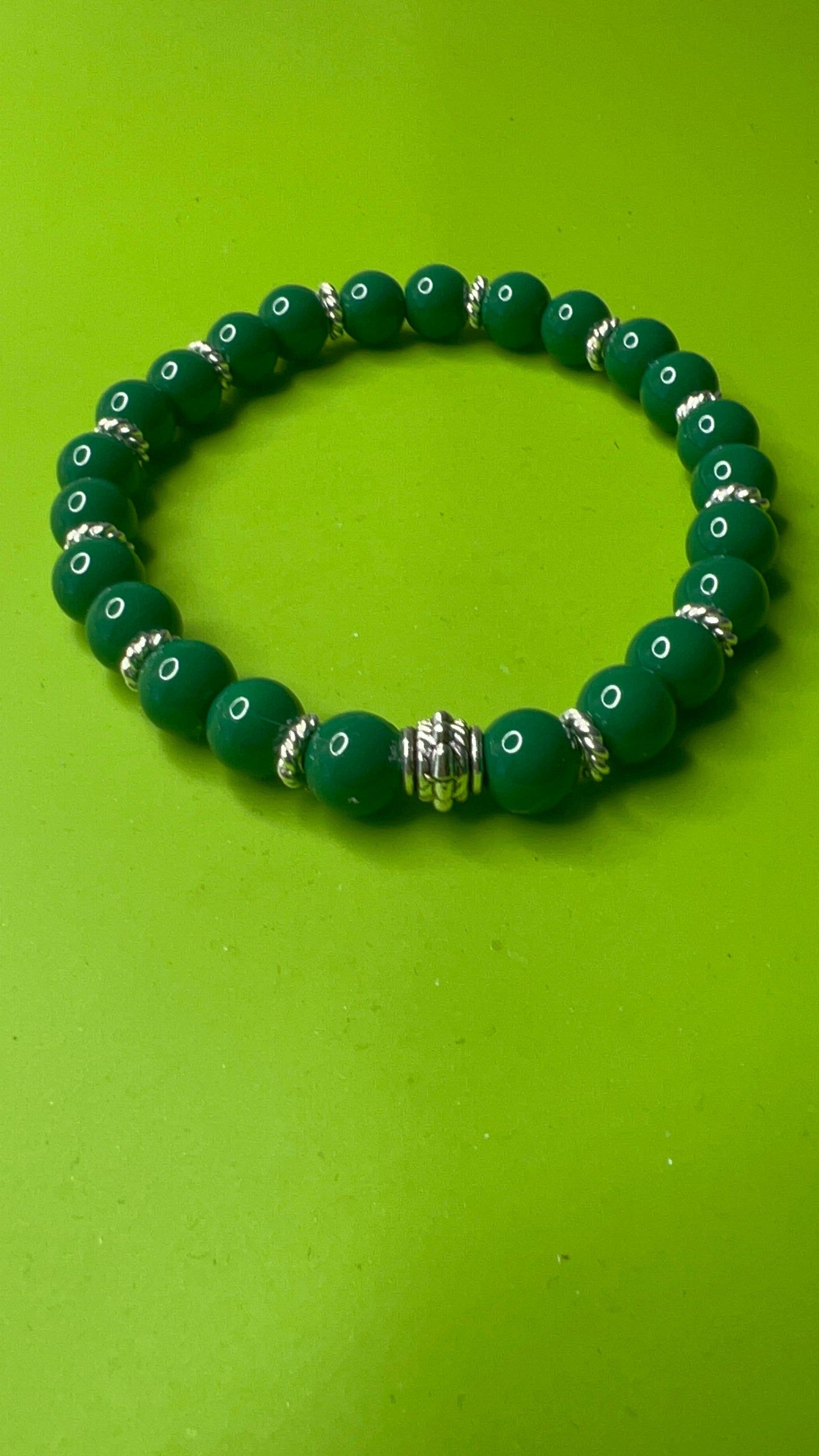 Green Glass Pearl Stretch Bracelet with  silver spacers