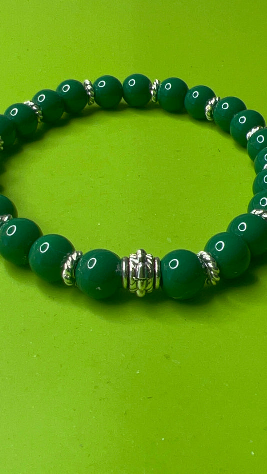 Green Glass Pearl Stretch Bracelet with  silver spacers