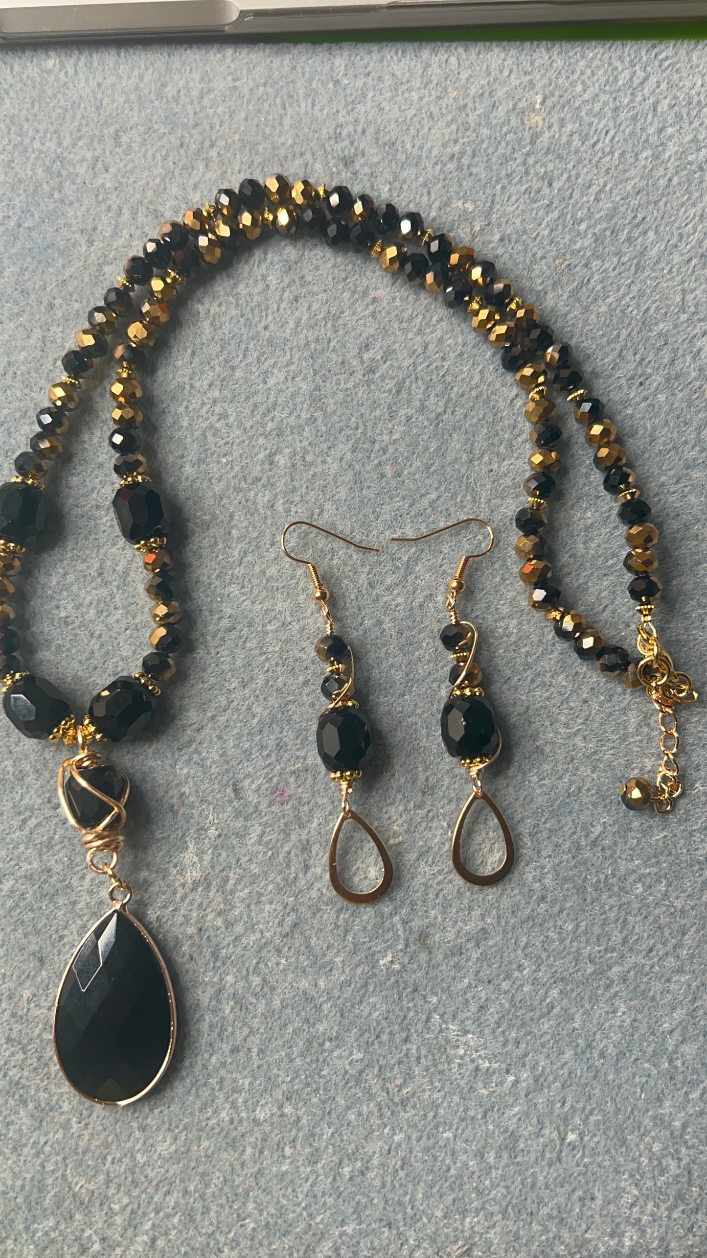 Crystal Jet/Gold with Jet Crystal Barrel Beads and Gold Necklace with Gold and Jet Teardrop and Wrapped Barrel Pendant - & Matching Earrings with Gold teardrops