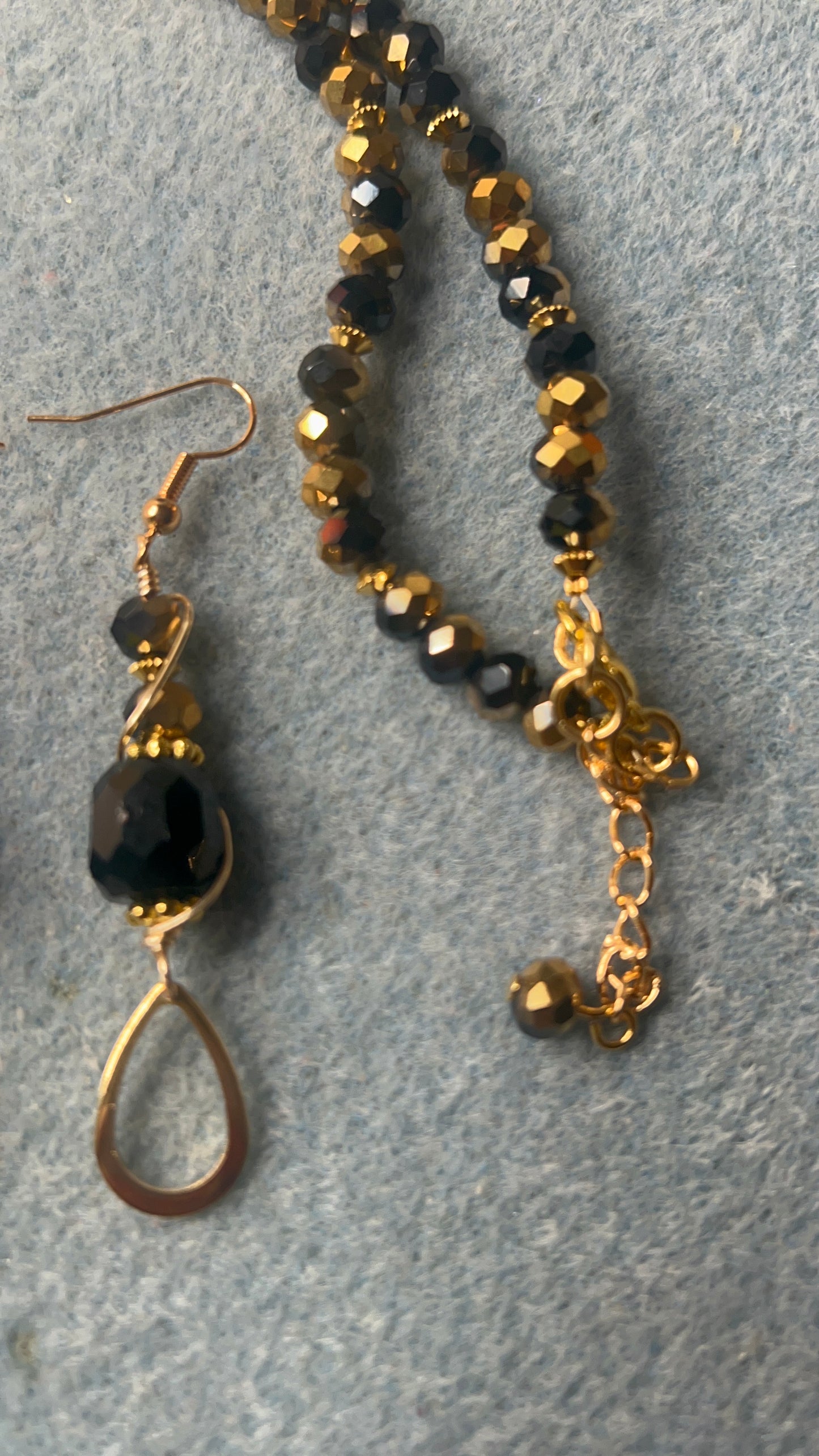 Crystal Jet/Gold with Jet Crystal Barrel Beads and Gold Necklace with Gold and Jet Teardrop and Wrapped Barrel Pendant - & Matching Earrings with Gold teardrops