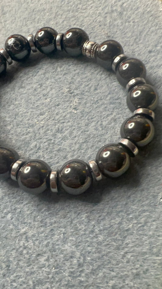 Hematite with Silver Discs Unisex Stretch Bracelet