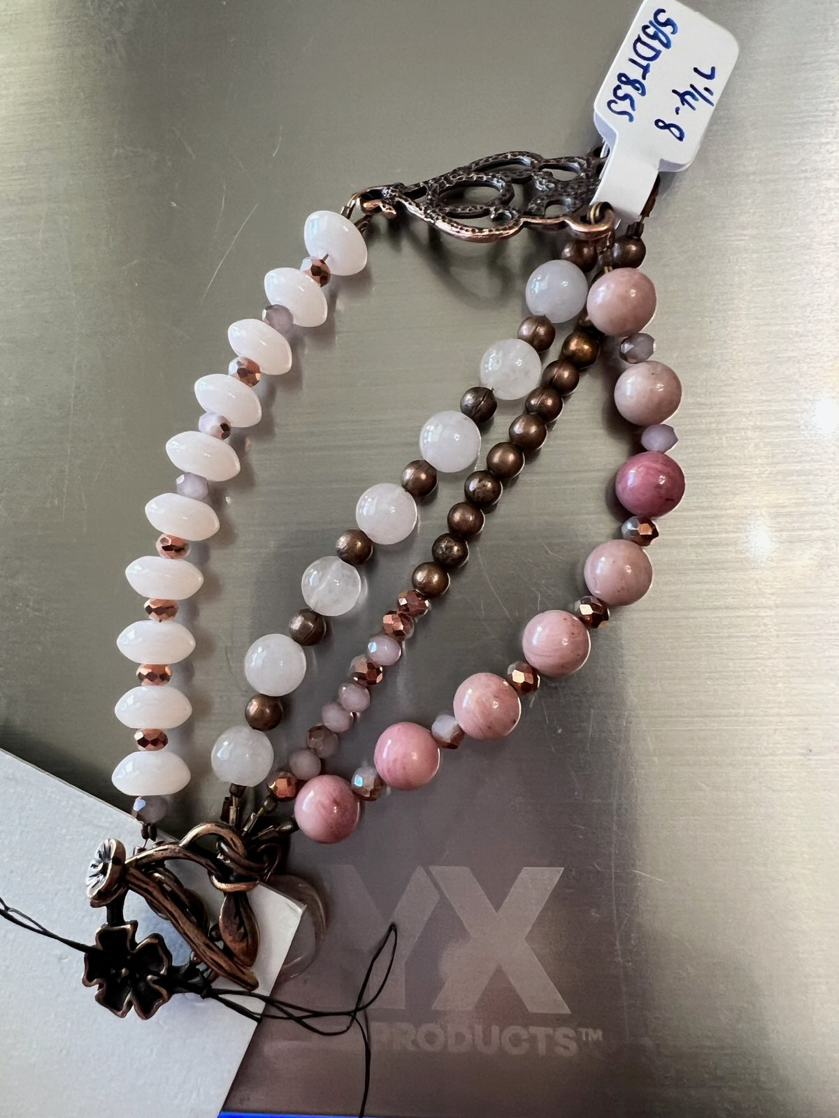 Pink Quartz and copper 3-strand Bracelet and Earrings