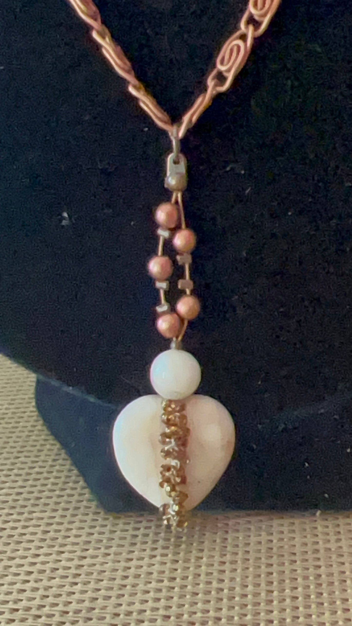 Fossil Jasper Heart with Brown Seed Bead and Copper 2 inch Focal on Copper Chain with Tan Suede and circular connectors 26 inch necklace