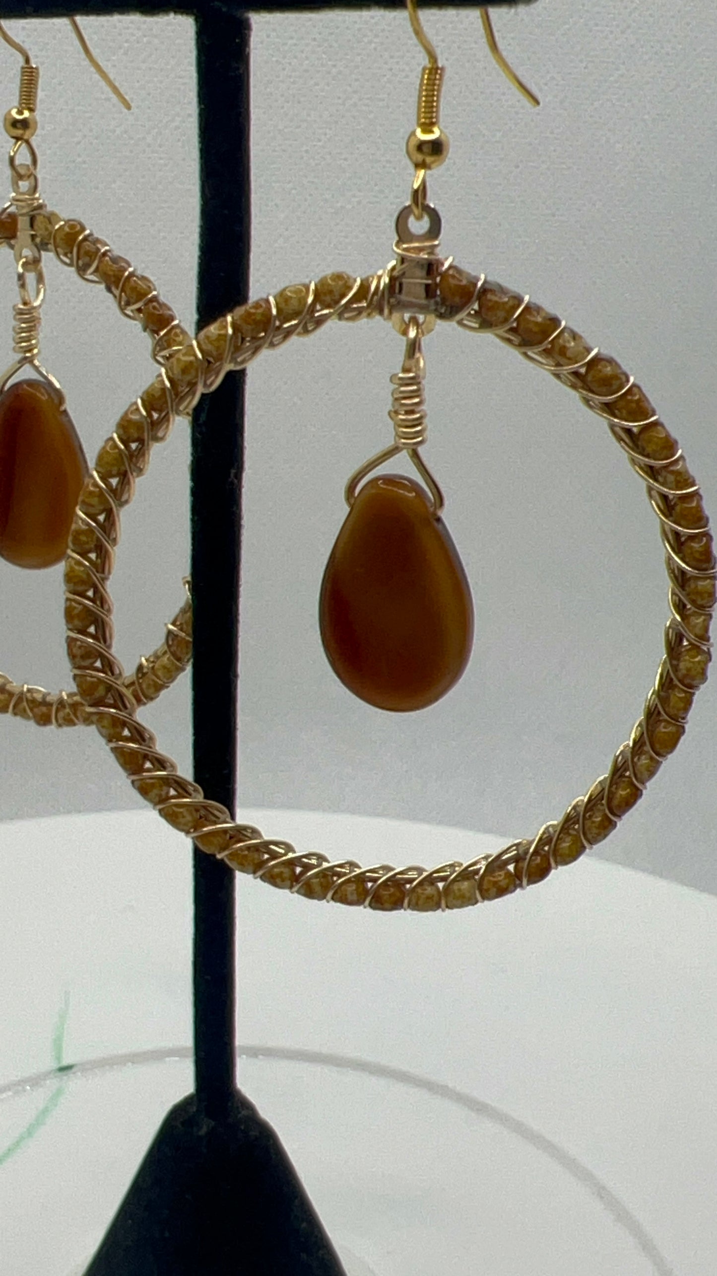 Tan/Brown Barley and Gold wrapped Hoop Earrings with Teardrops