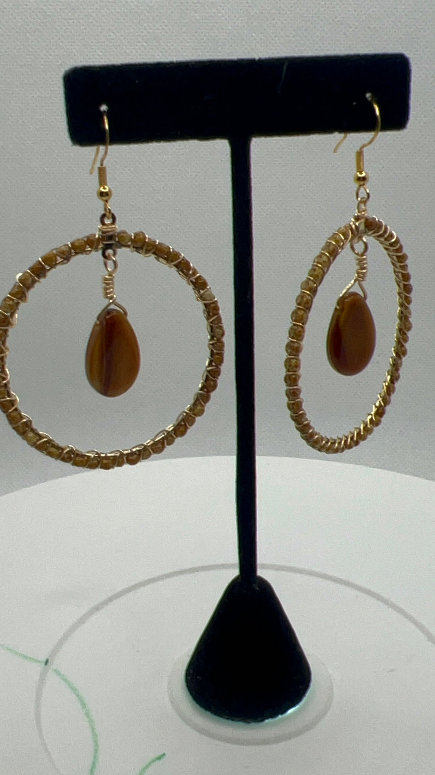 Tan/Brown Barley and Gold wrapped Hoop Earrings with Teardrops