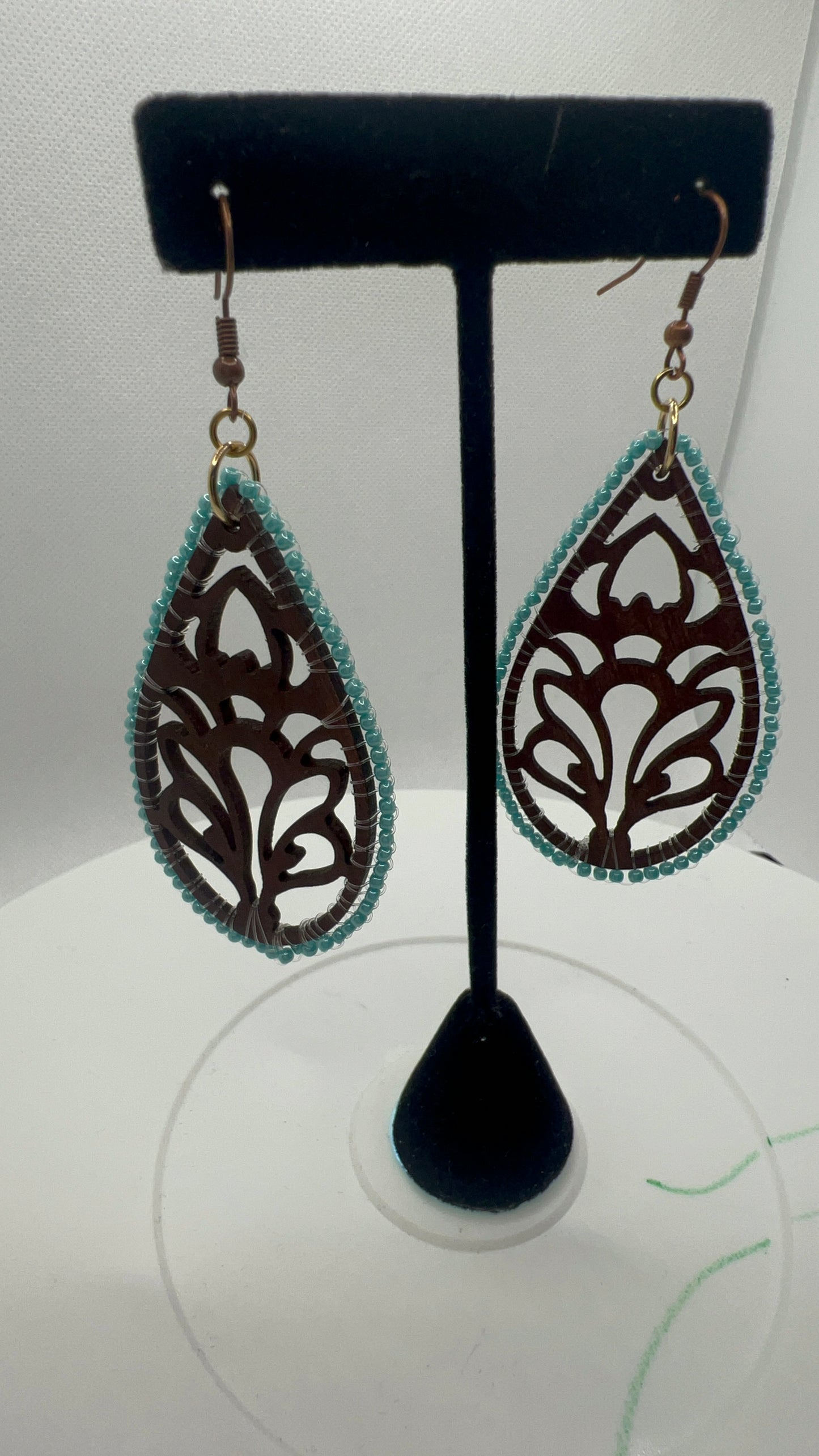 Brown Wood Leaf with Aquamarine Earrings