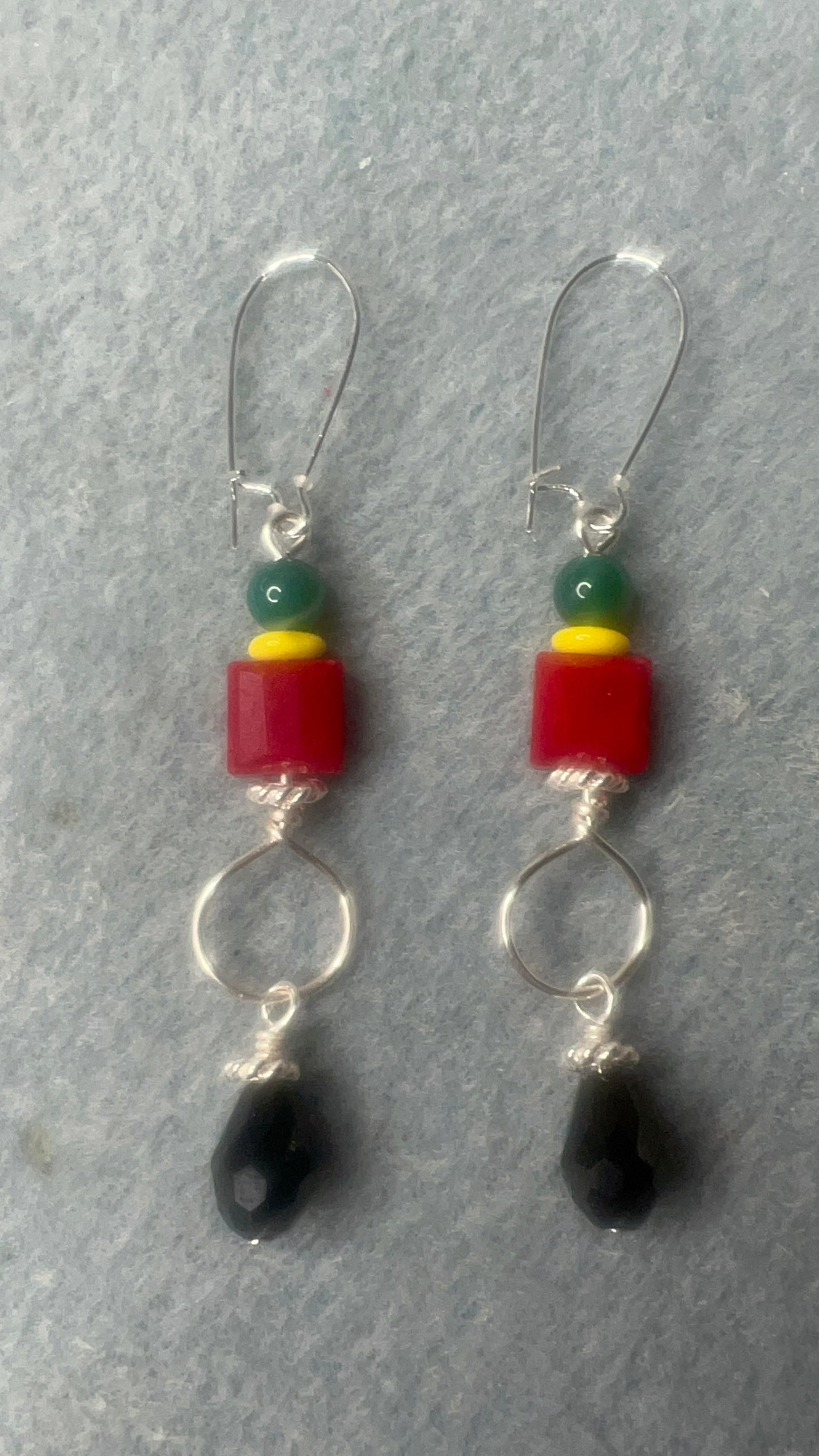 Juneteenth Black Teardrop Crystal, Red Crystal, yellow and green gemstones with silver