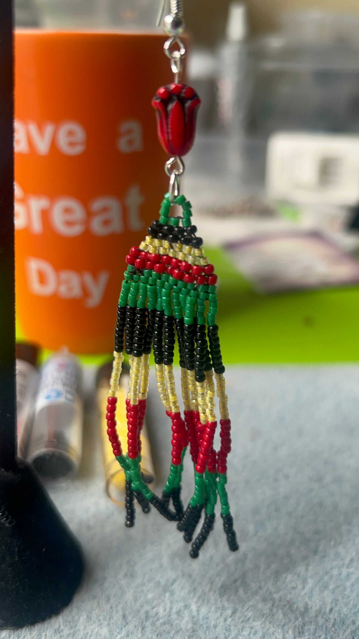 Juneteenth Fringe earrings with Red Tulip