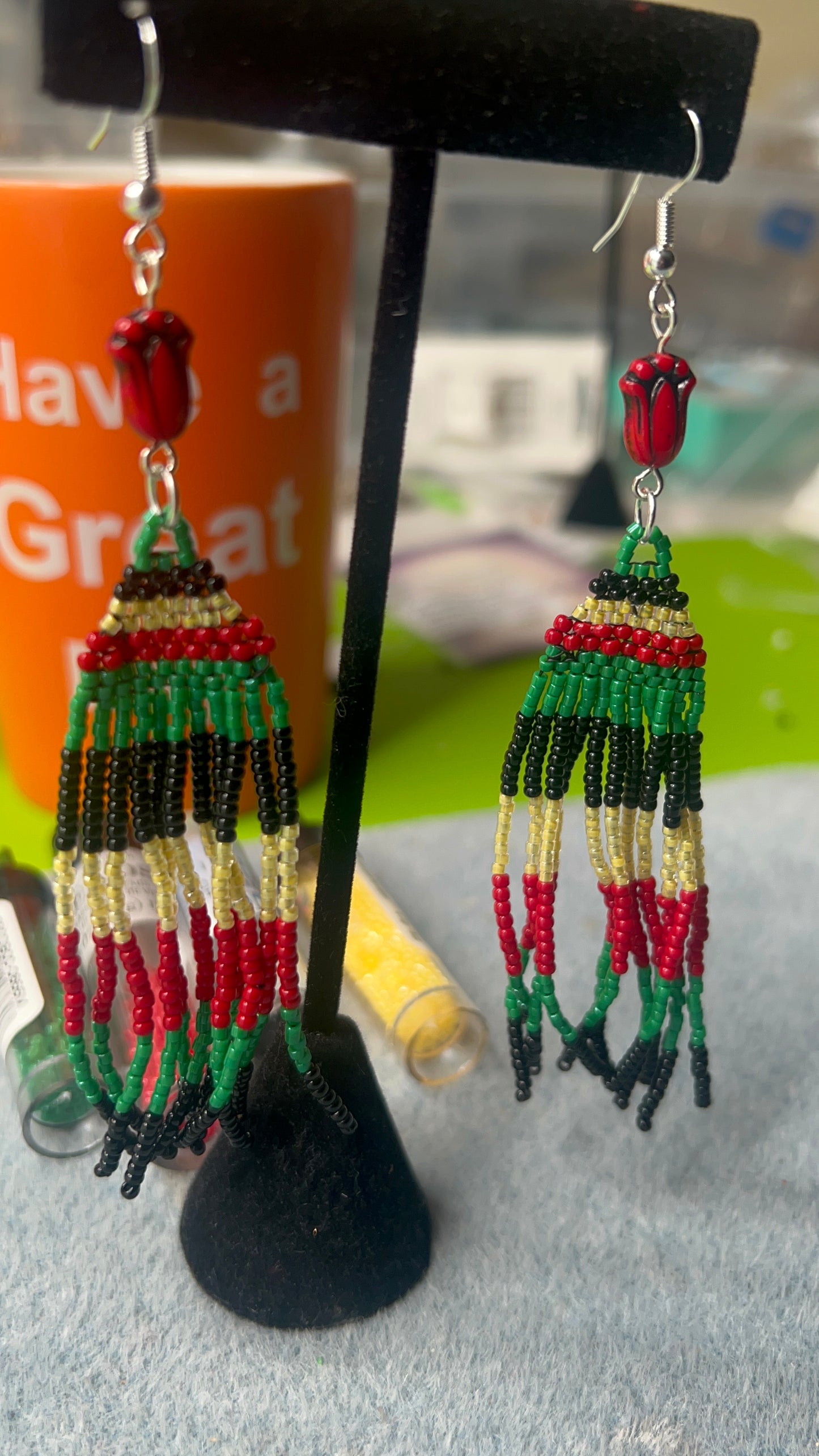 Juneteenth Fringe earrings with Red Tulip