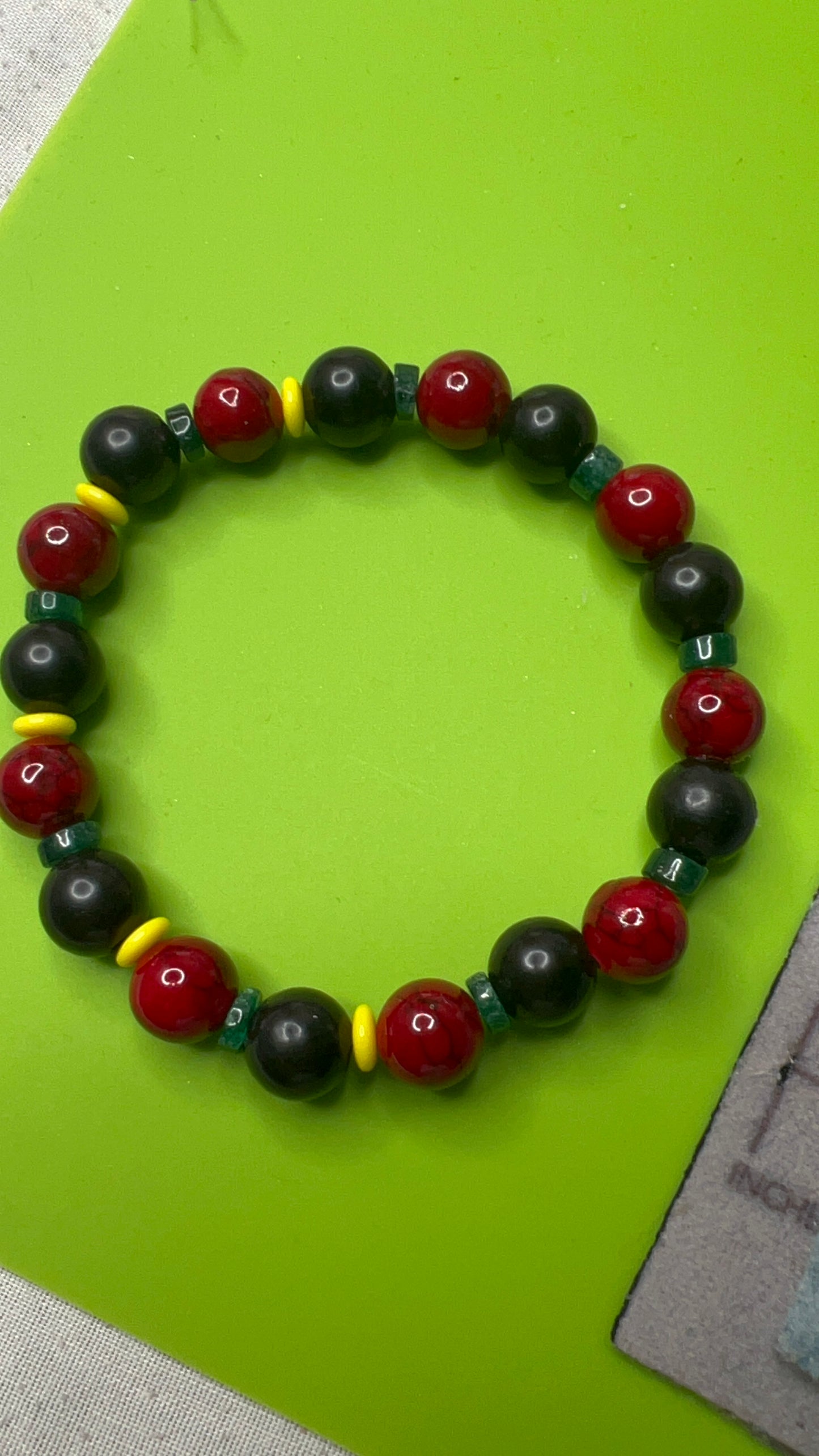 Juneteenth Green Aventurine, Black Jasper, Red Quartzite and Yellow Saucer Stretch Bracelet