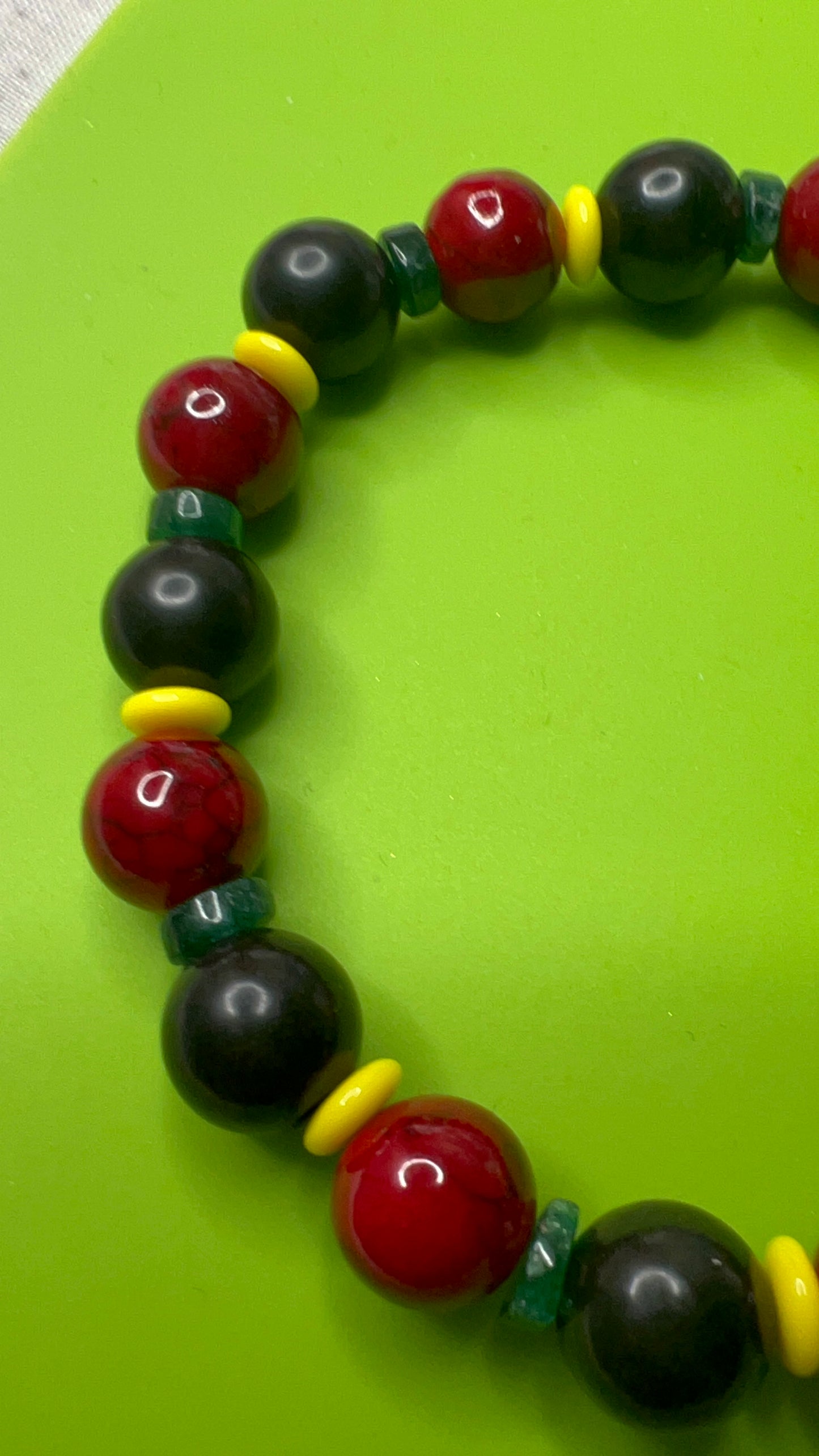 Juneteenth Green Aventurine, Black Jasper, Red Quartzite and Yellow Saucer Stretch Bracelet