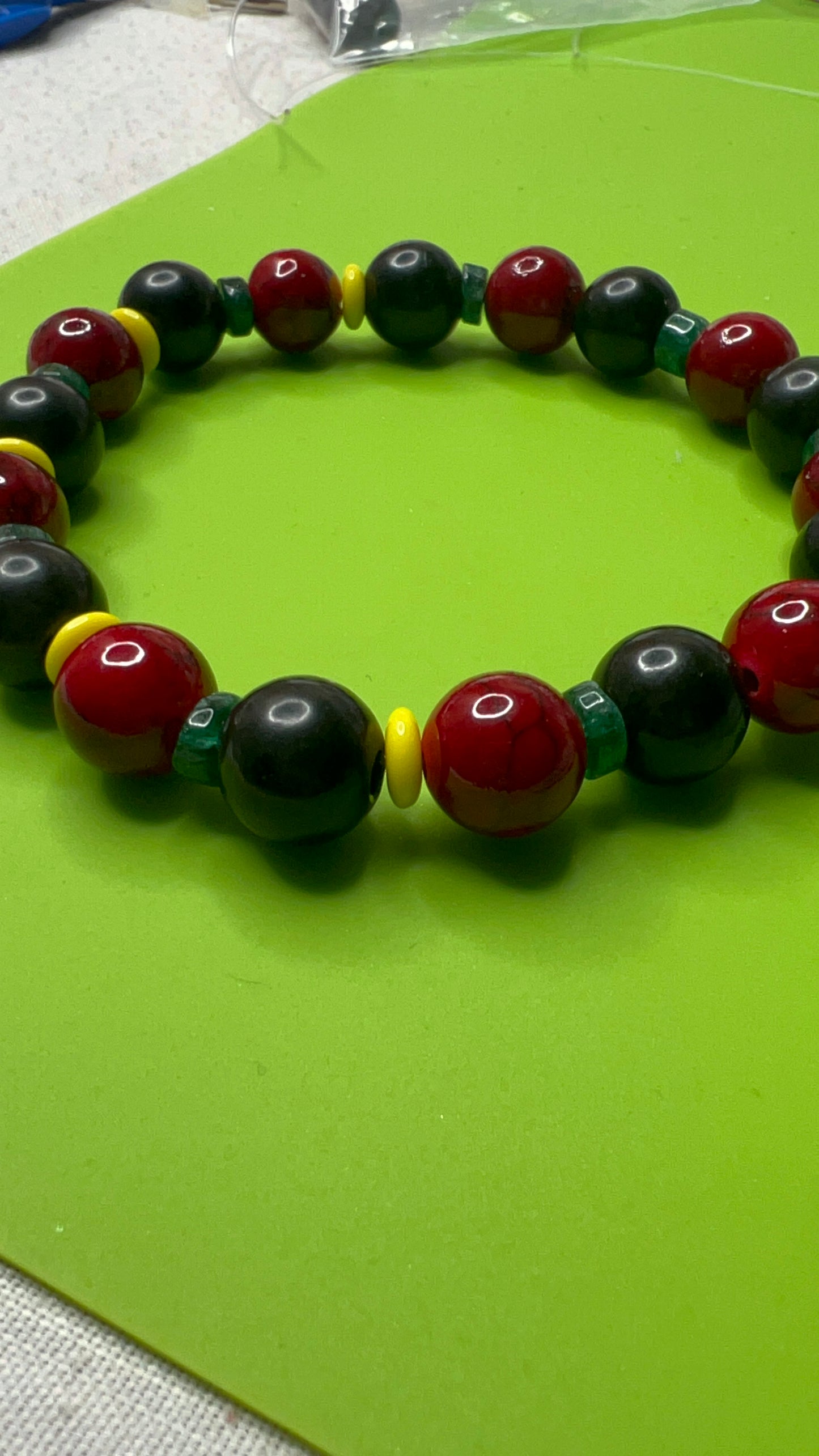 Juneteenth Green Aventurine, Black Jasper, Red Quartzite and Yellow Saucer Stretch Bracelet