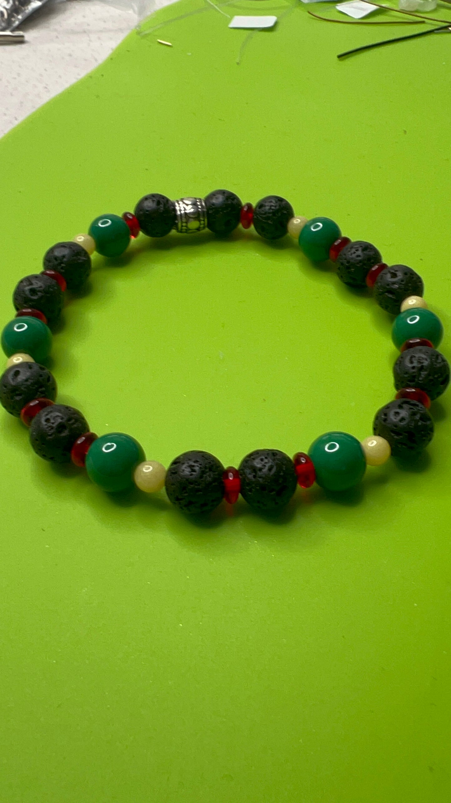 Juneteenth Black Lava, Yellow Jade, Red Saucers and Green Glass Pearls Stretch Bracelet