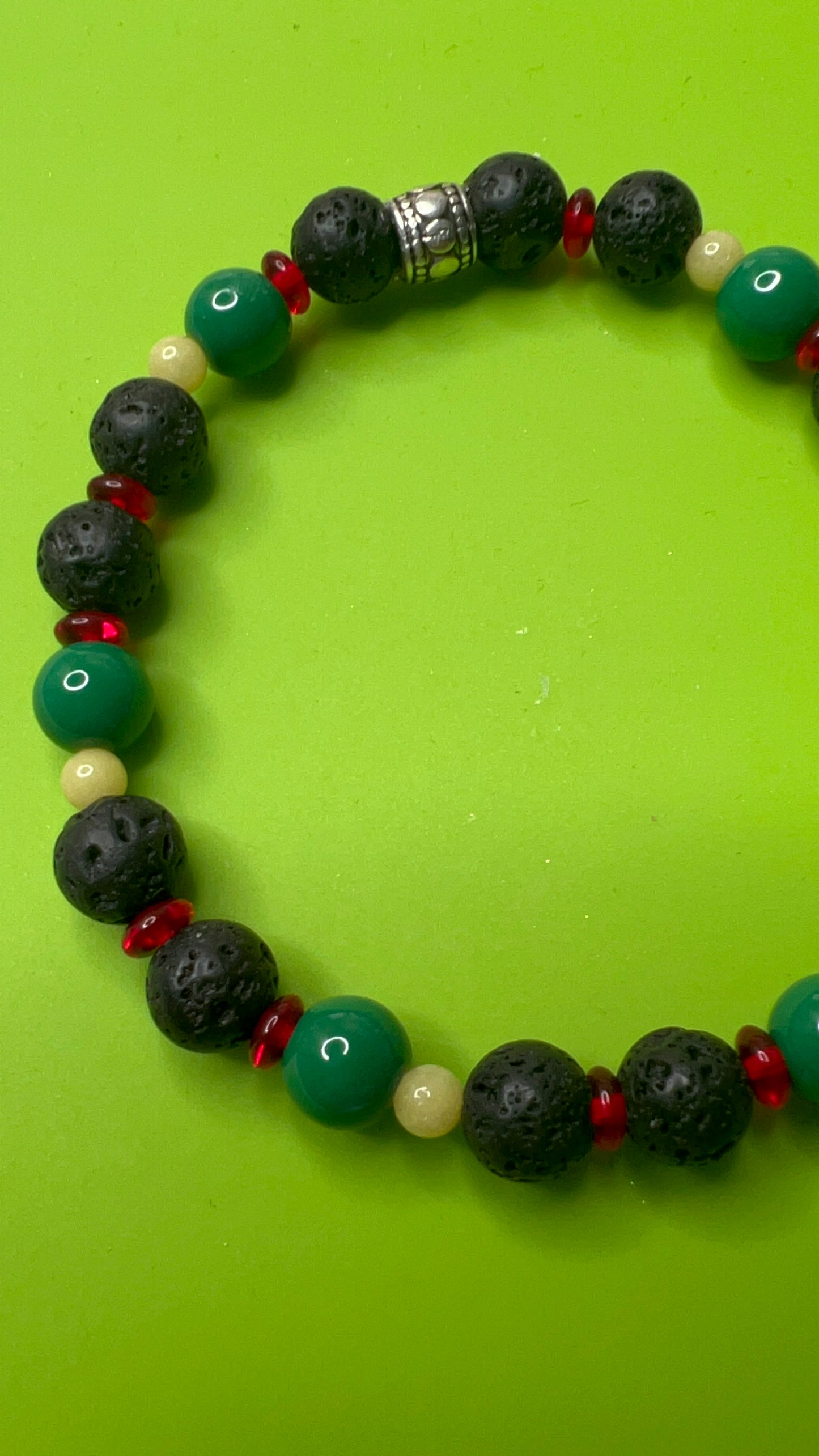 Juneteenth Black Lava, Yellow Jade, Red Saucers and Green Glass Pearls Stretch Bracelet