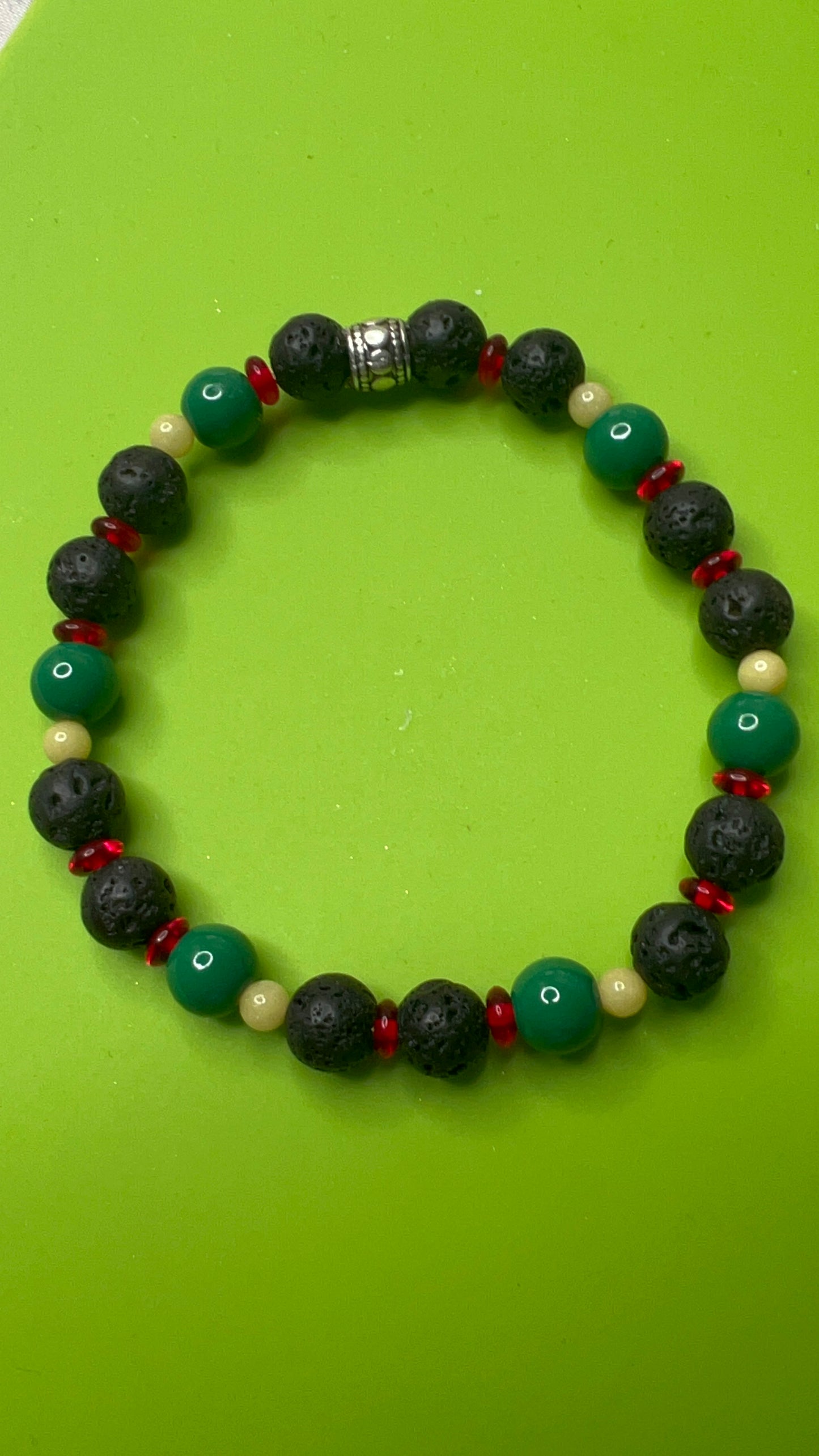 Juneteenth Black Lava, Yellow Jade, Red Saucers and Green Glass Pearls Stretch Bracelet